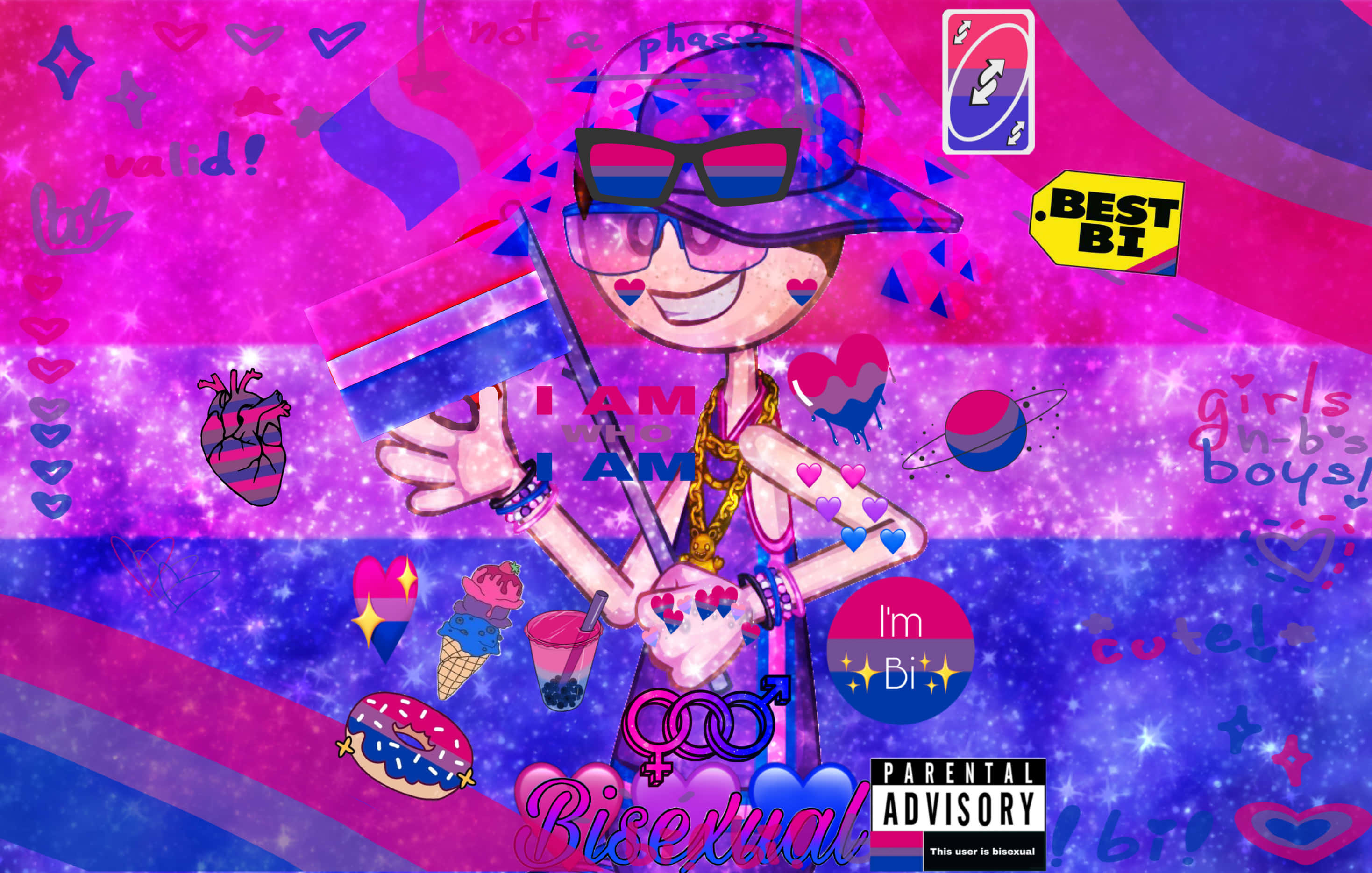 bisexual pride symbols, glittery pink and purple background, smiling cartoon character, 2K Desktop Wallpaper