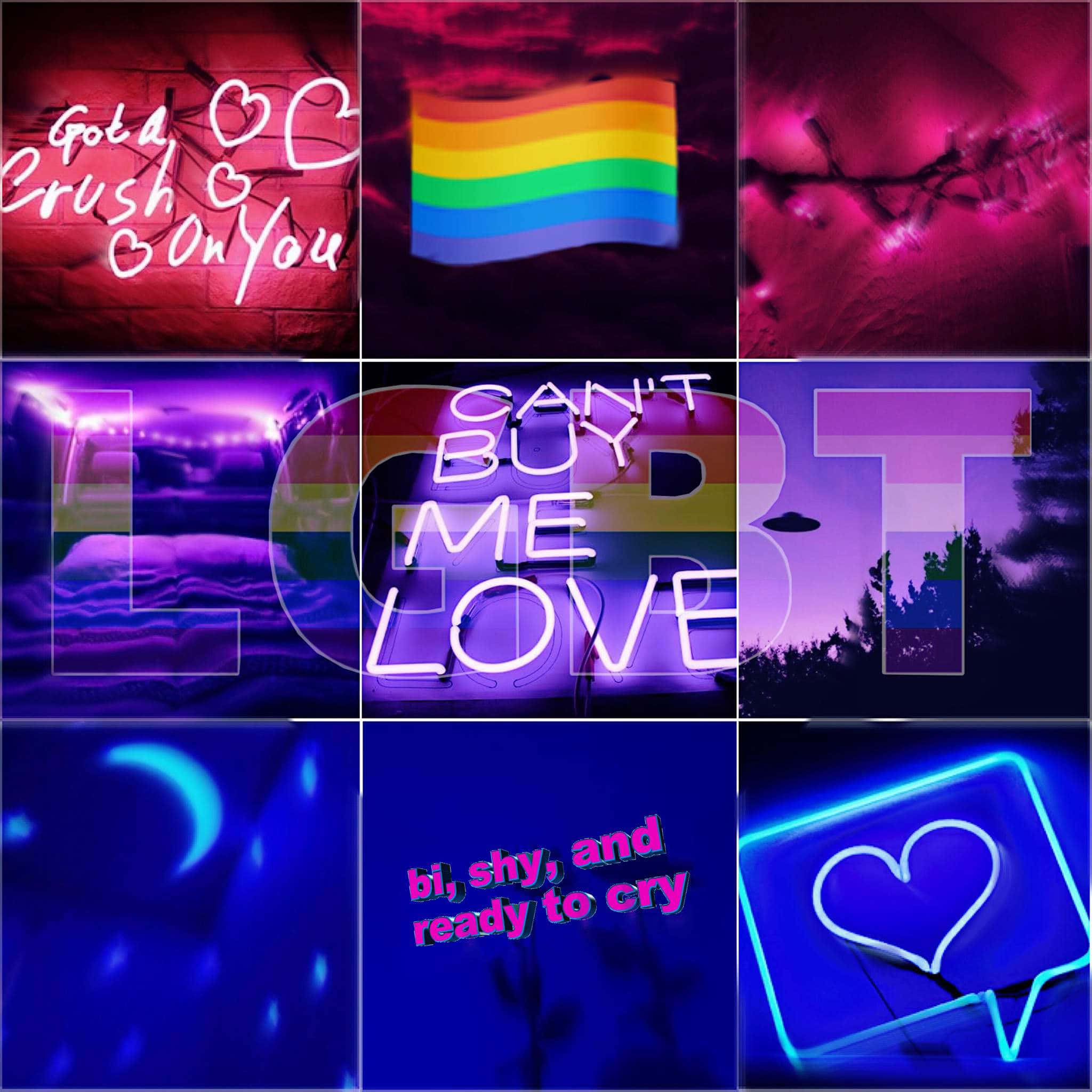 neon collage, LGBTQ+ pride symbols, romantic phrases, Full HD Desktop Wallpaper
