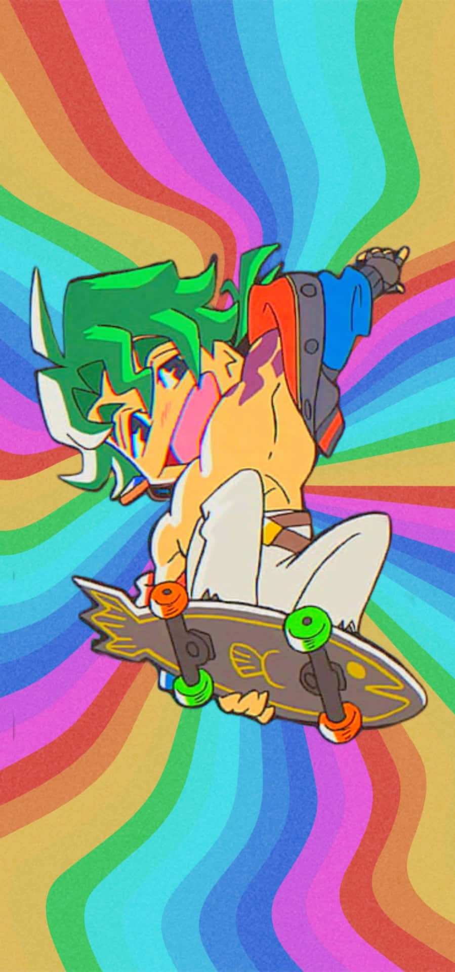 green hair, fish-shaped skateboard, swirling rainbow background, Full HD Phone Wallpaper