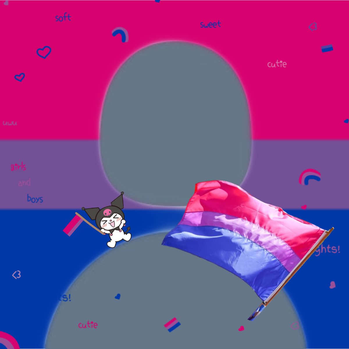 bisexual flag, cartoon character, pink purple and blue background, SD Desktop Wallpaper