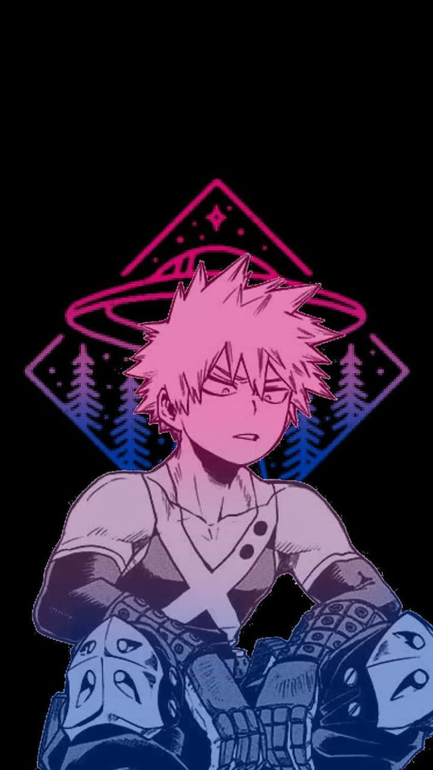pink-haired anime boy, armored gear, glowing pink geometric forest, HD Phone Wallpaper
