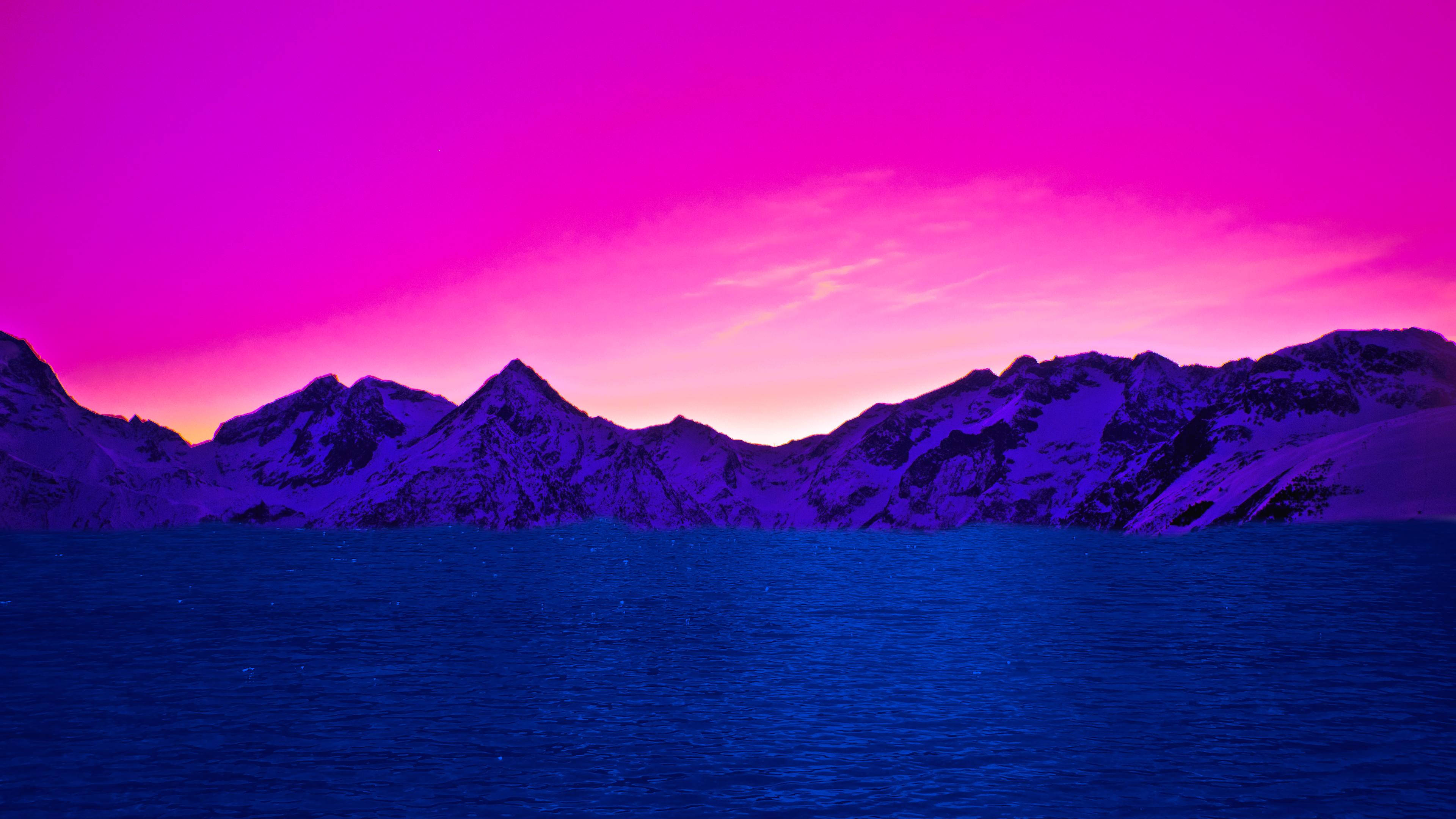 Bisexual Scenic Landscape, snowcapped mountains, vibrant pink and purple sunset sky, 4K Desktop Wallpaper