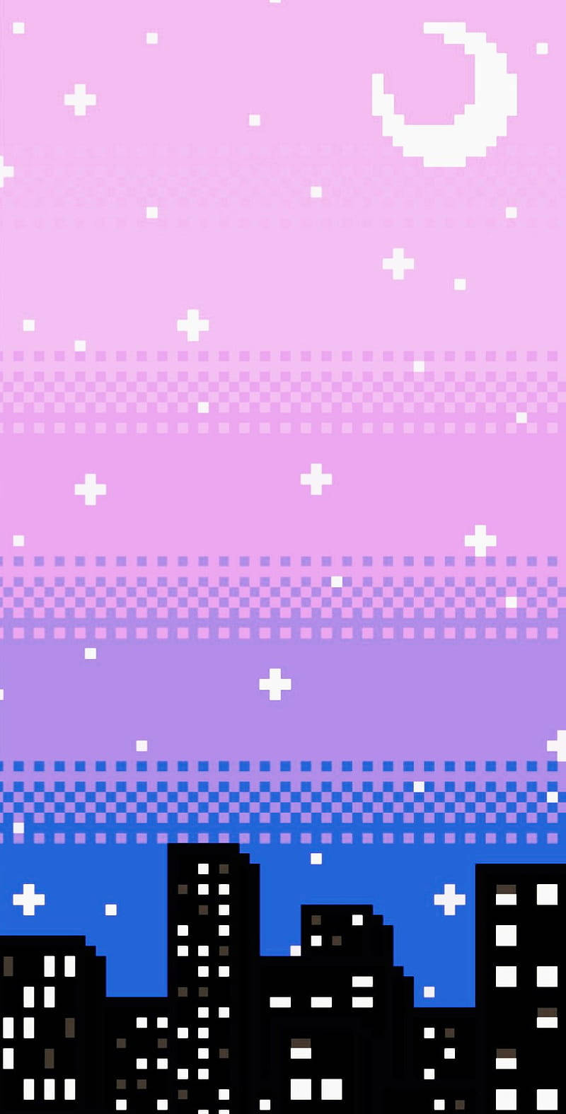 Bisexual City Night Sky Pixel, pastel pink purple sky, crescent moon, HD Phone Wallpaper