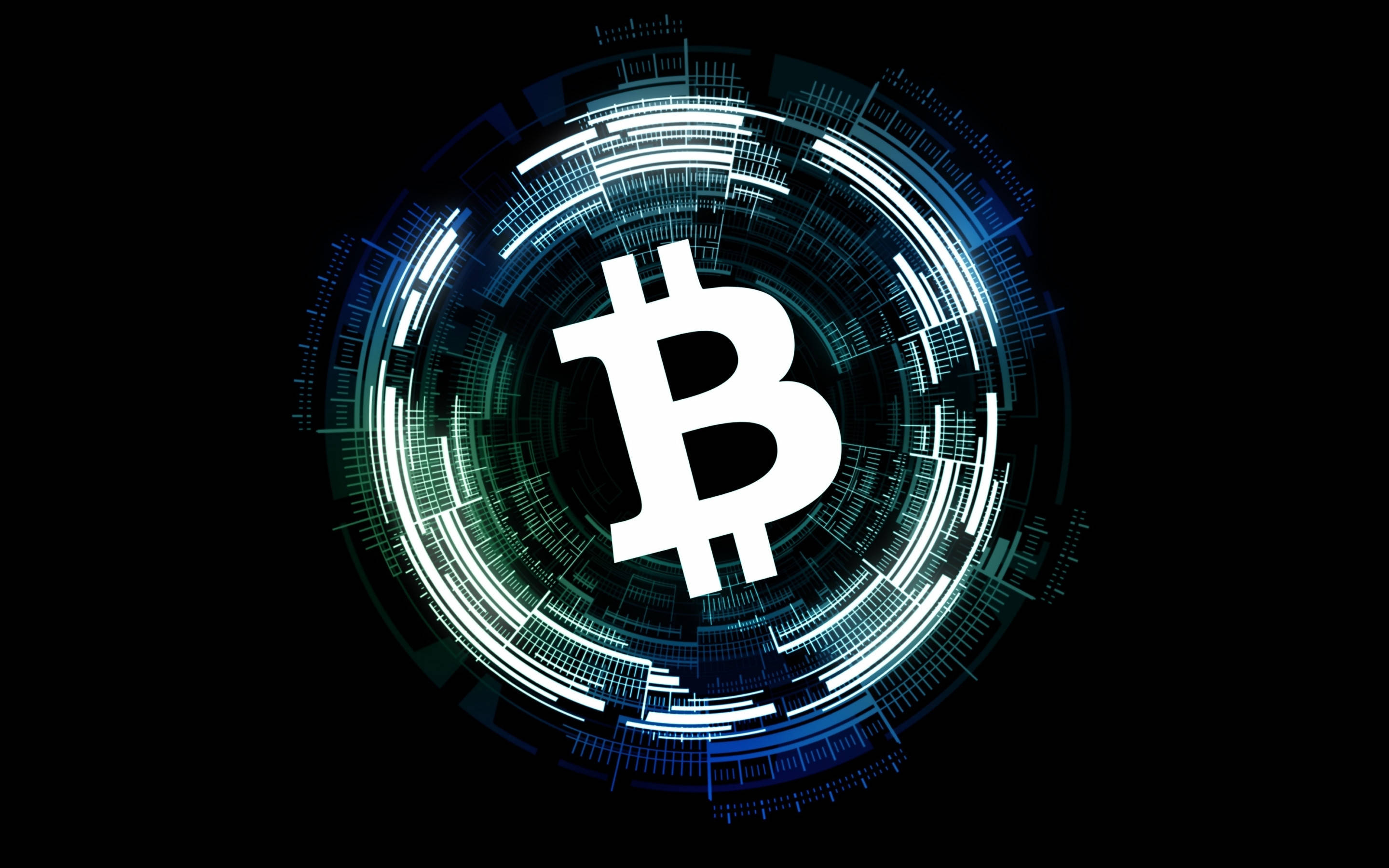 Bitcoin, futuristic frame, blue and green digital interface, 2K Desktop Wallpaper