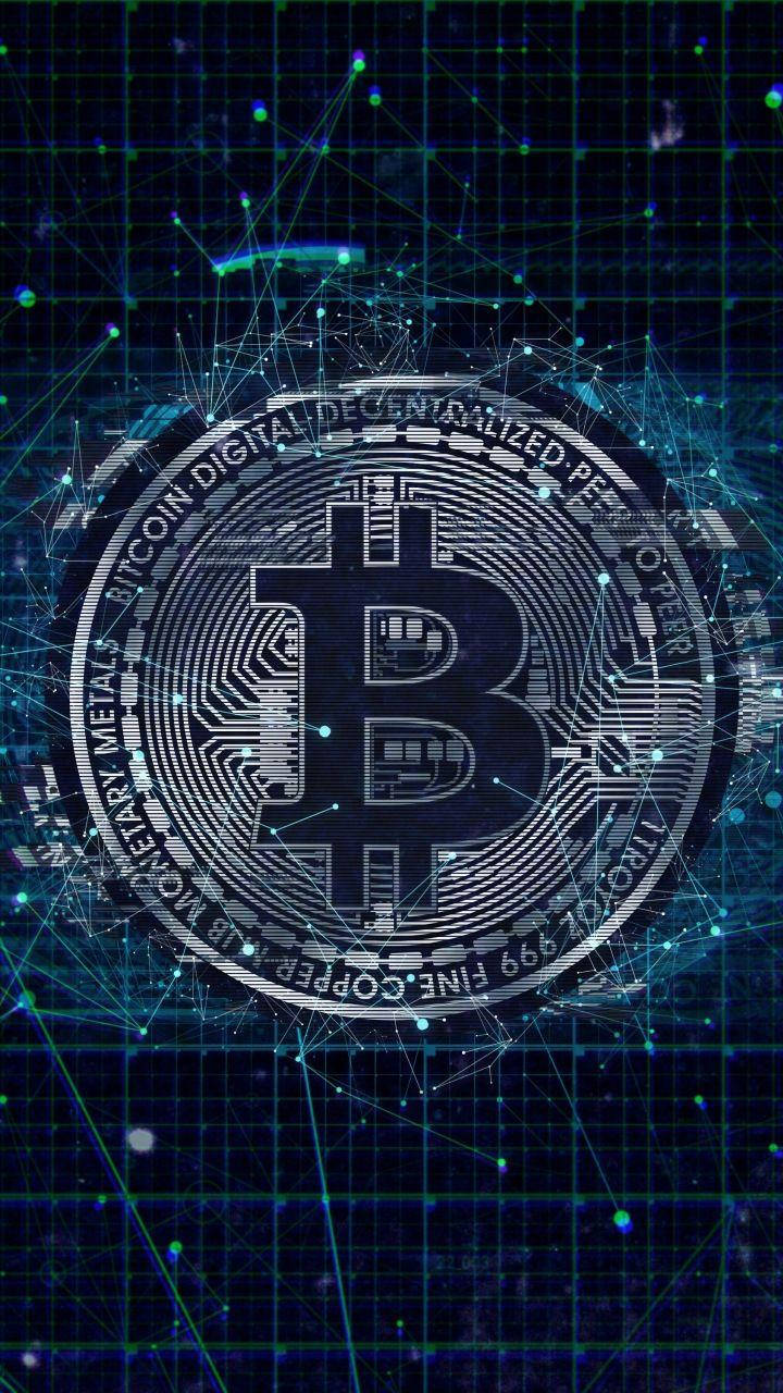 Bitcoin, glowing blue digital grid, circuitry details, HD Phone Wallpaper