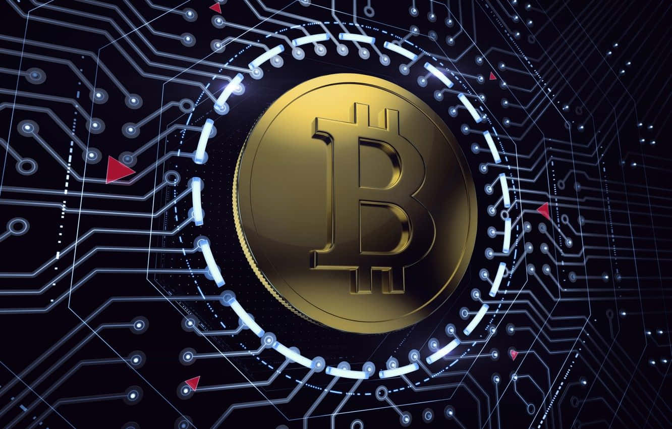 Bitcoin, gold, glowing blue circuit board, HD Desktop Wallpaper