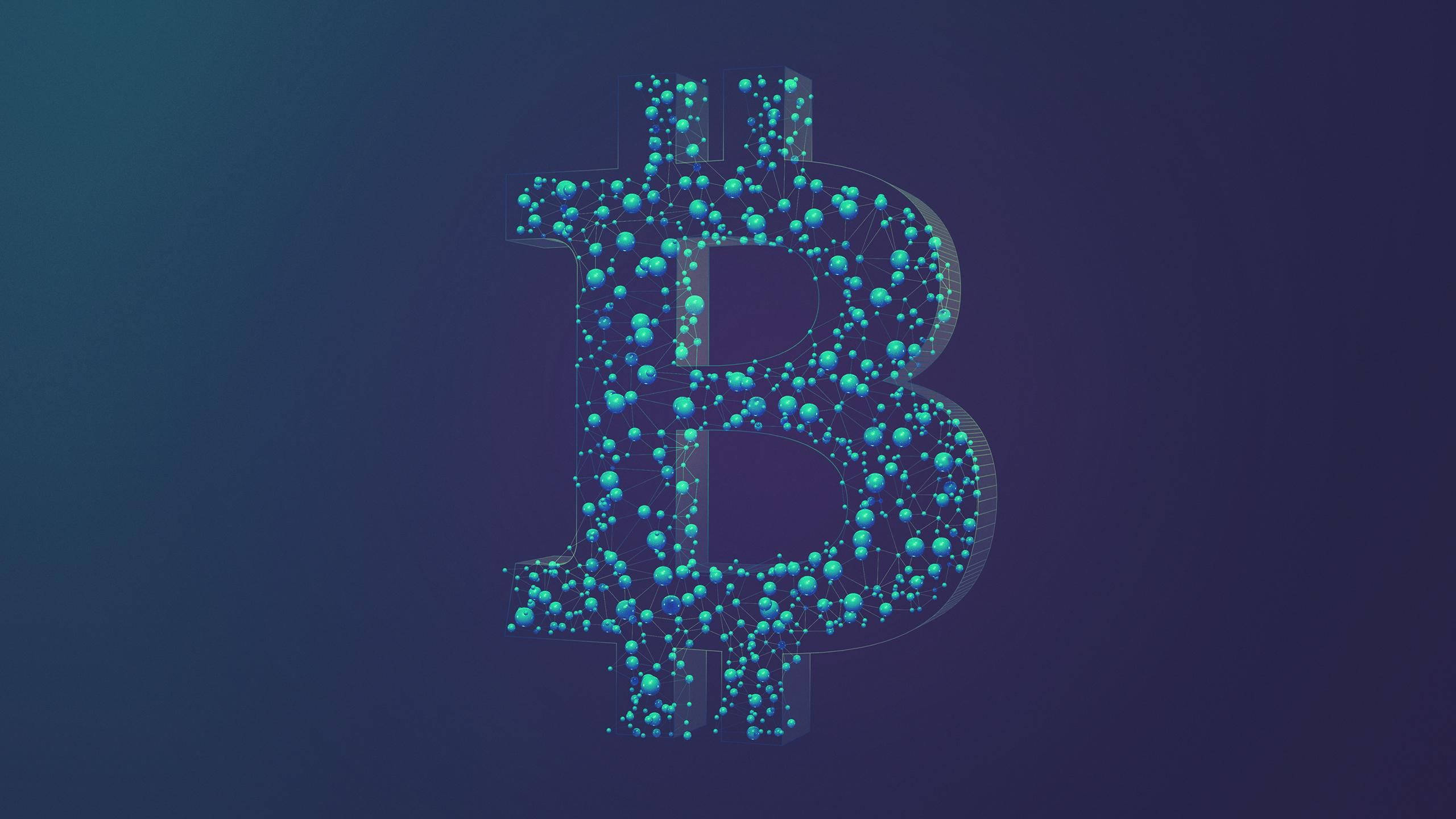 blue molecules bitcoin, glowing blue bitcoin symbol, interconnected dots and lines, 2K Desktop Wallpaper