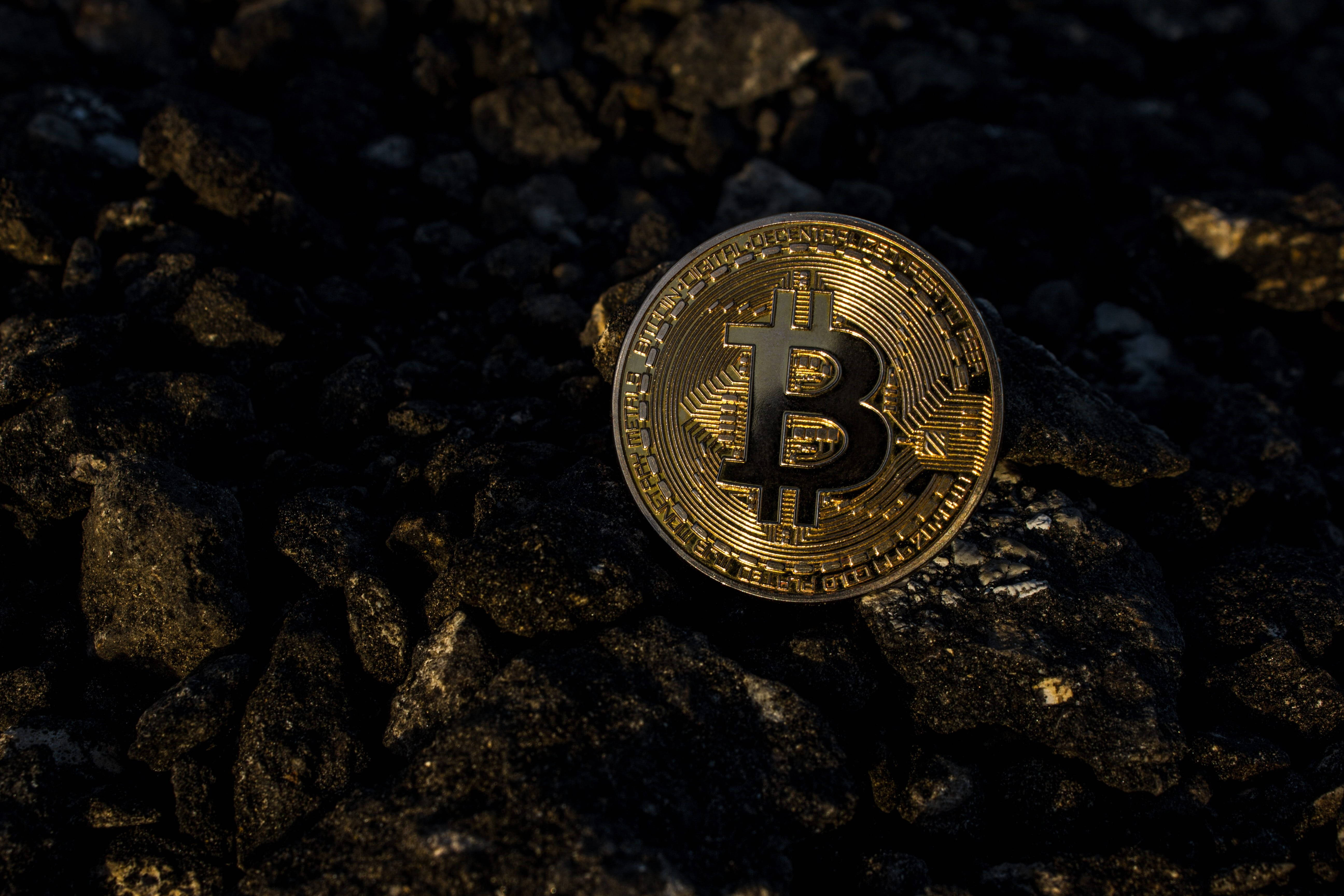 Bitcoin, gold, dark rough rocks, 5K Desktop Wallpaper