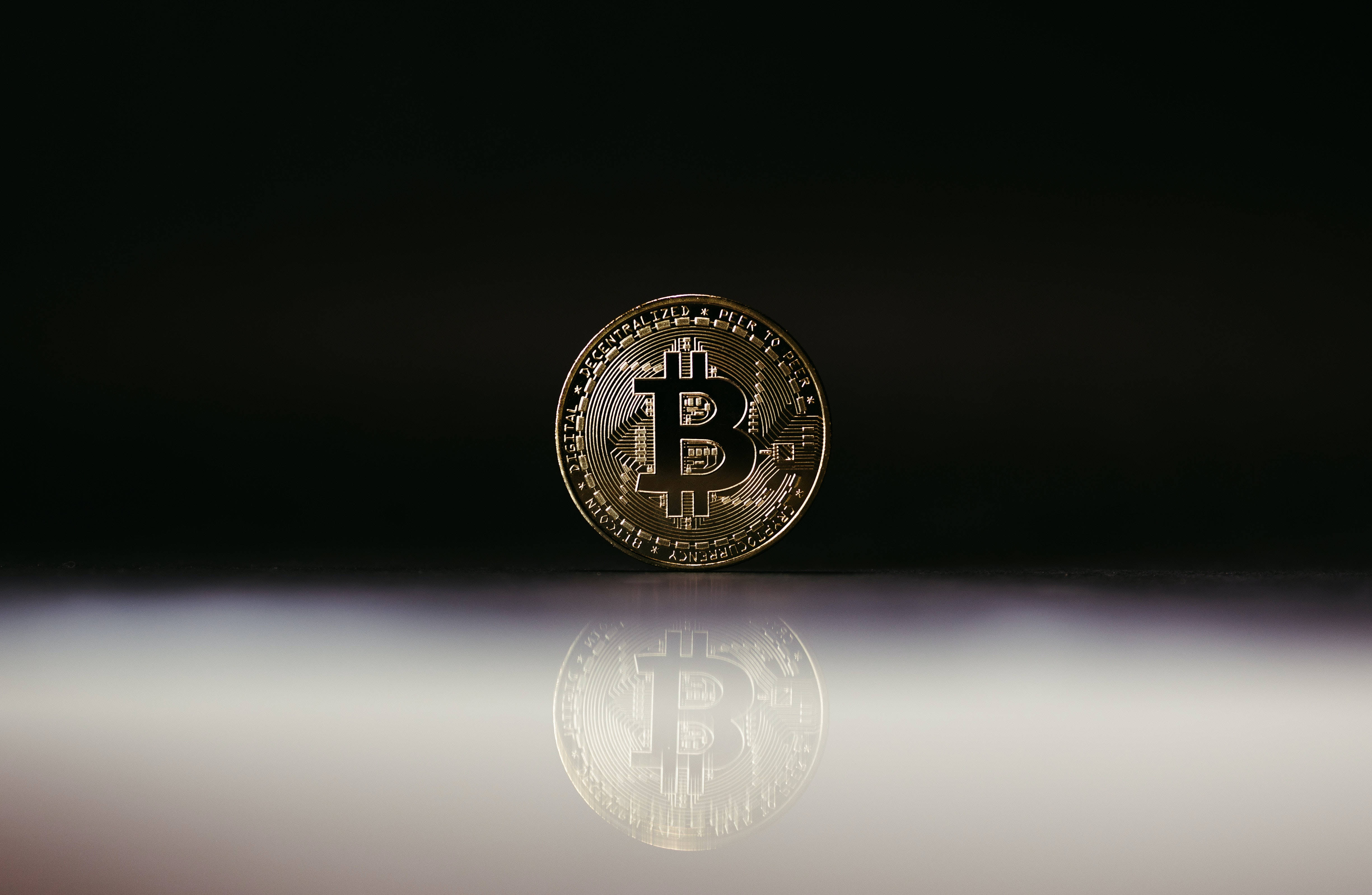 Bitcoin, gold, reflective surface, 4K Desktop Wallpaper
