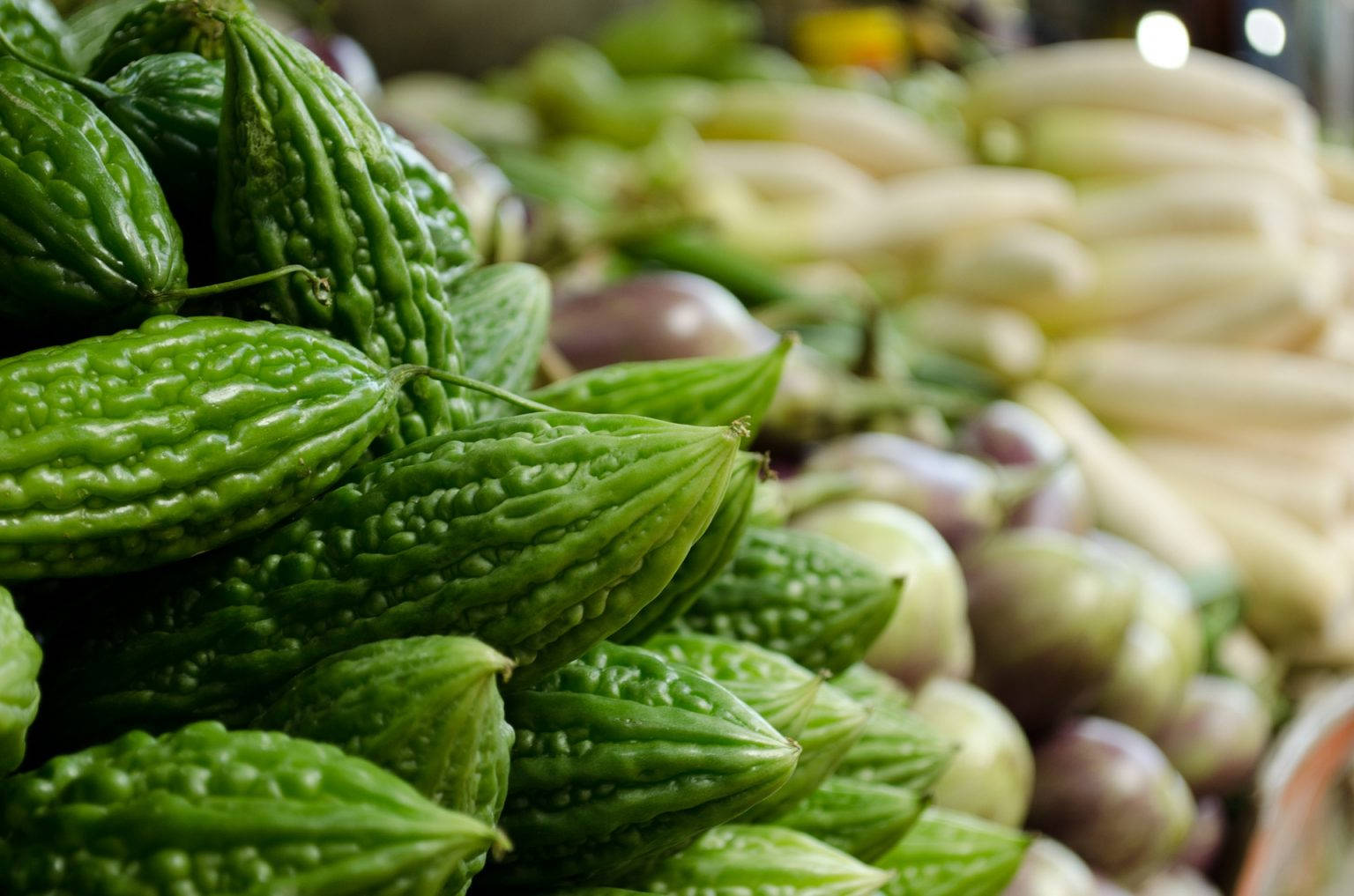 bitter gourd, green bitter melons, vibrant market stall, HD Desktop Wallpaper