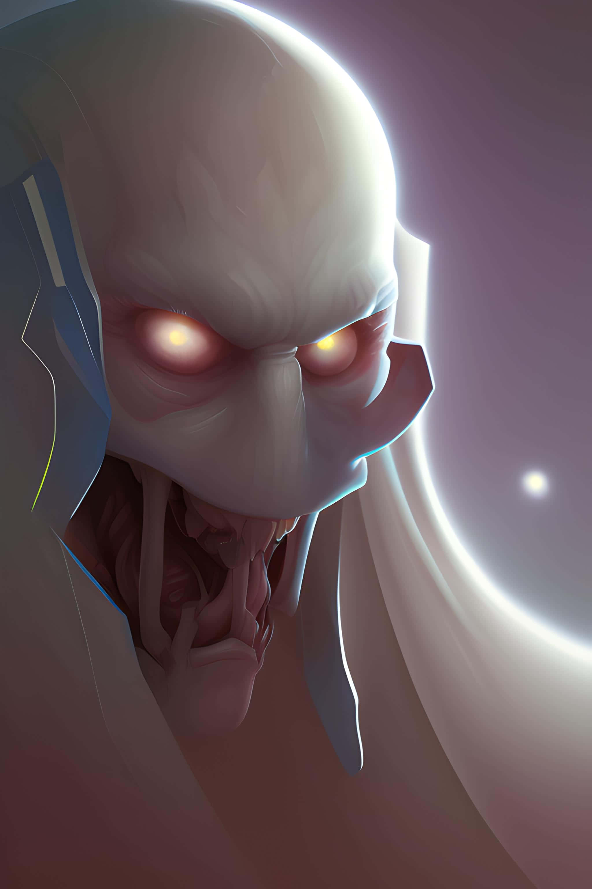 intimidating alien portrait, glowing red eyes, sharp teeth, 2K Phone Wallpaper