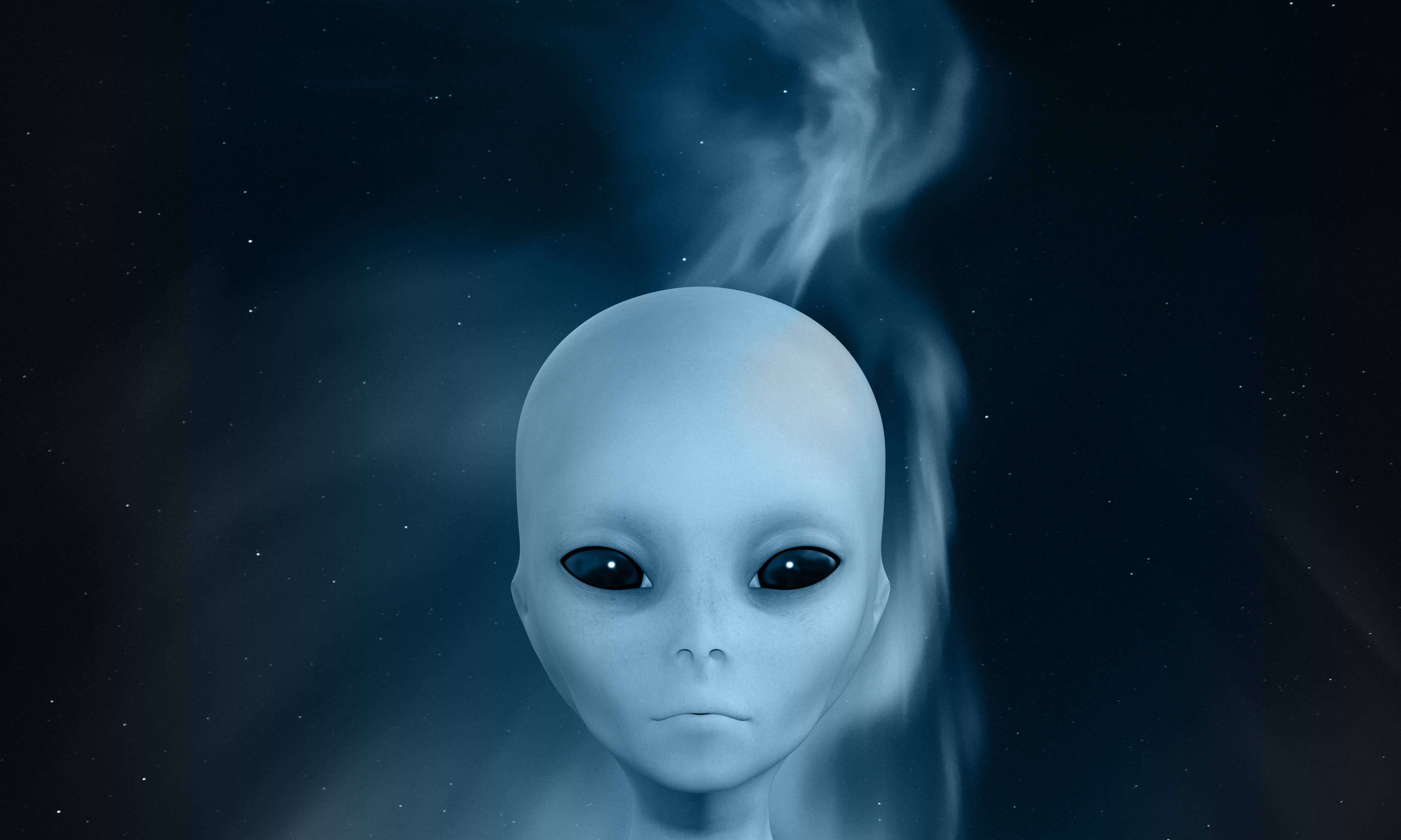 3d white alien, pale alien, large black eyes, 4K Desktop Wallpaper