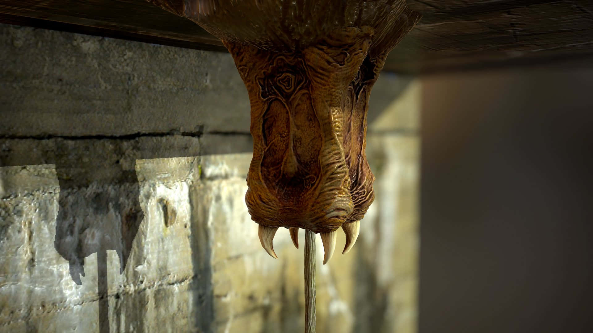 upside down alien creature, grotesque brown alien creature, wooden beam, Full HD Desktop Wallpaper
