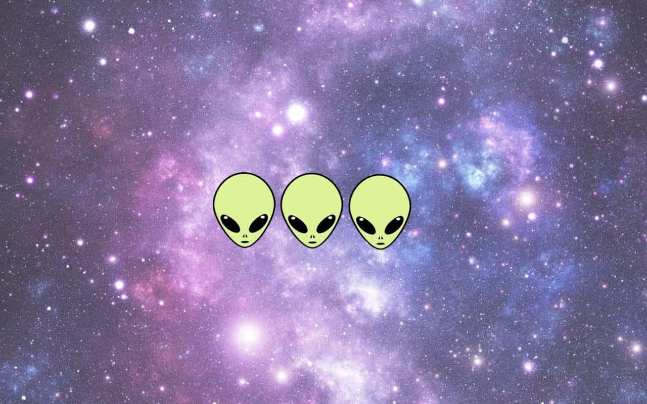 three aliens, green alien heads, vibrant purple and blue cosmic nebula, HD Desktop Wallpaper