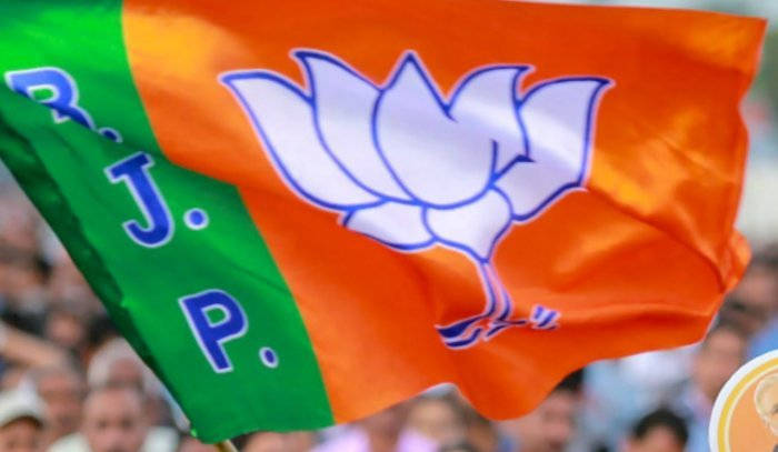 BJP, orange and green BJP flag, white lotus emblem, SD Desktop Wallpaper