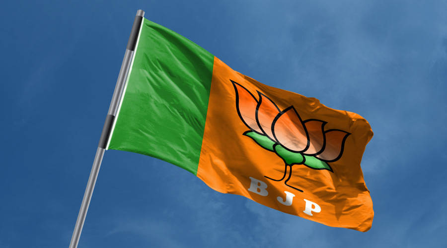 BJP flag, green and orange panels, lotus emblem, SD Desktop Wallpaper
