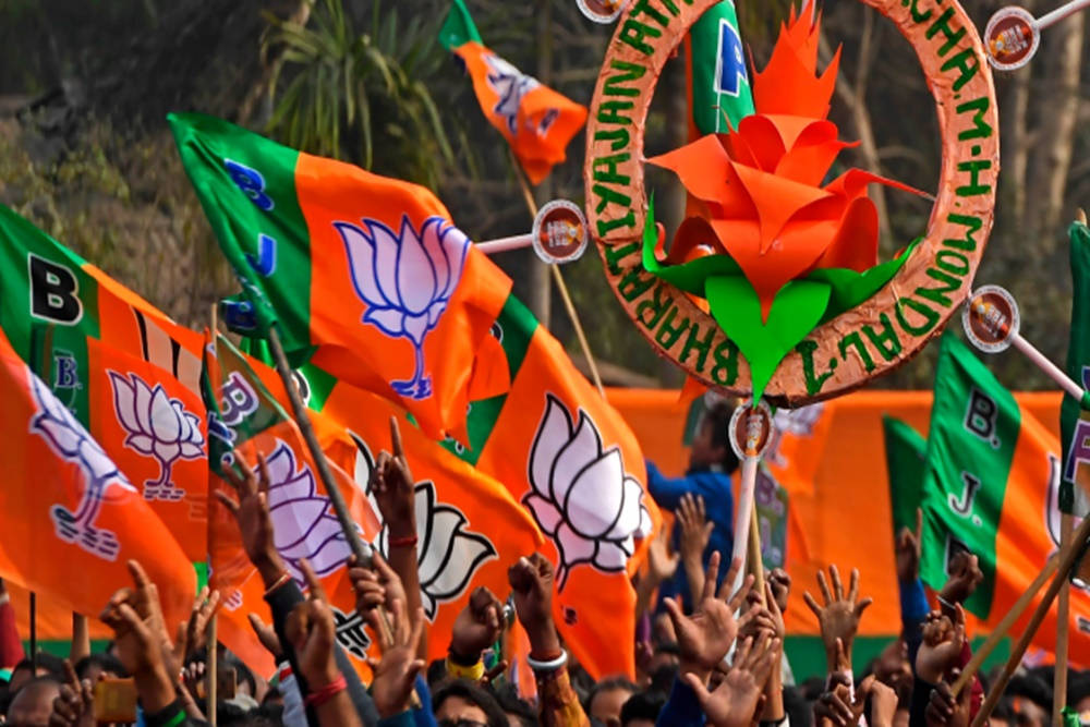 BJP, orange green flags, white lotus symbols, SD Desktop Wallpaper