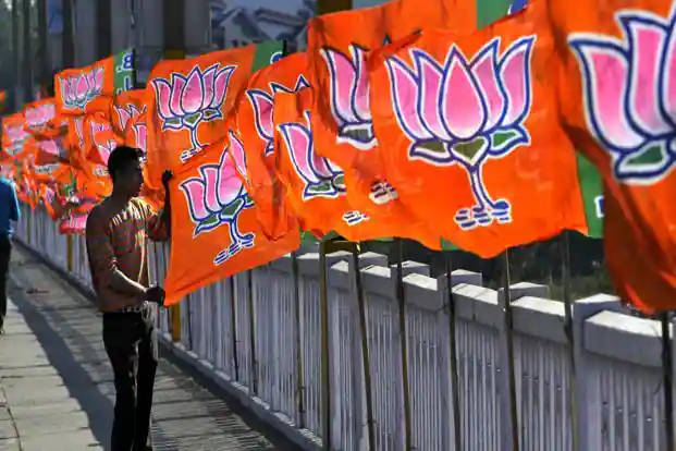 BJP, orange flags, pink lotus emblem, SD Desktop Wallpaper