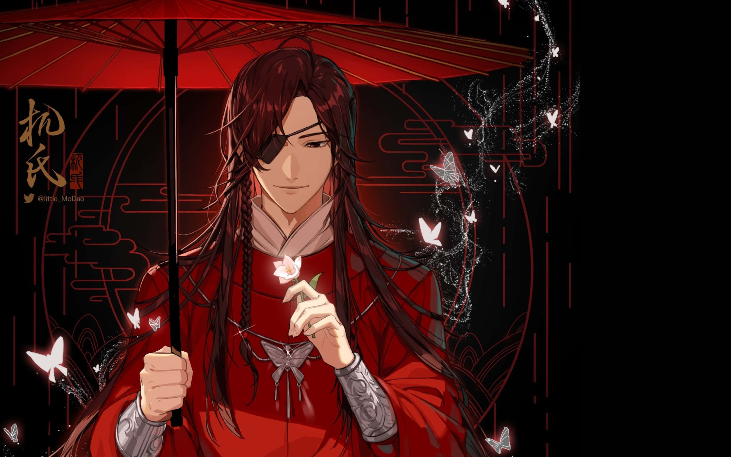 red-robed anime man, eyepatch, red umbrella, 2K Desktop Wallpaper