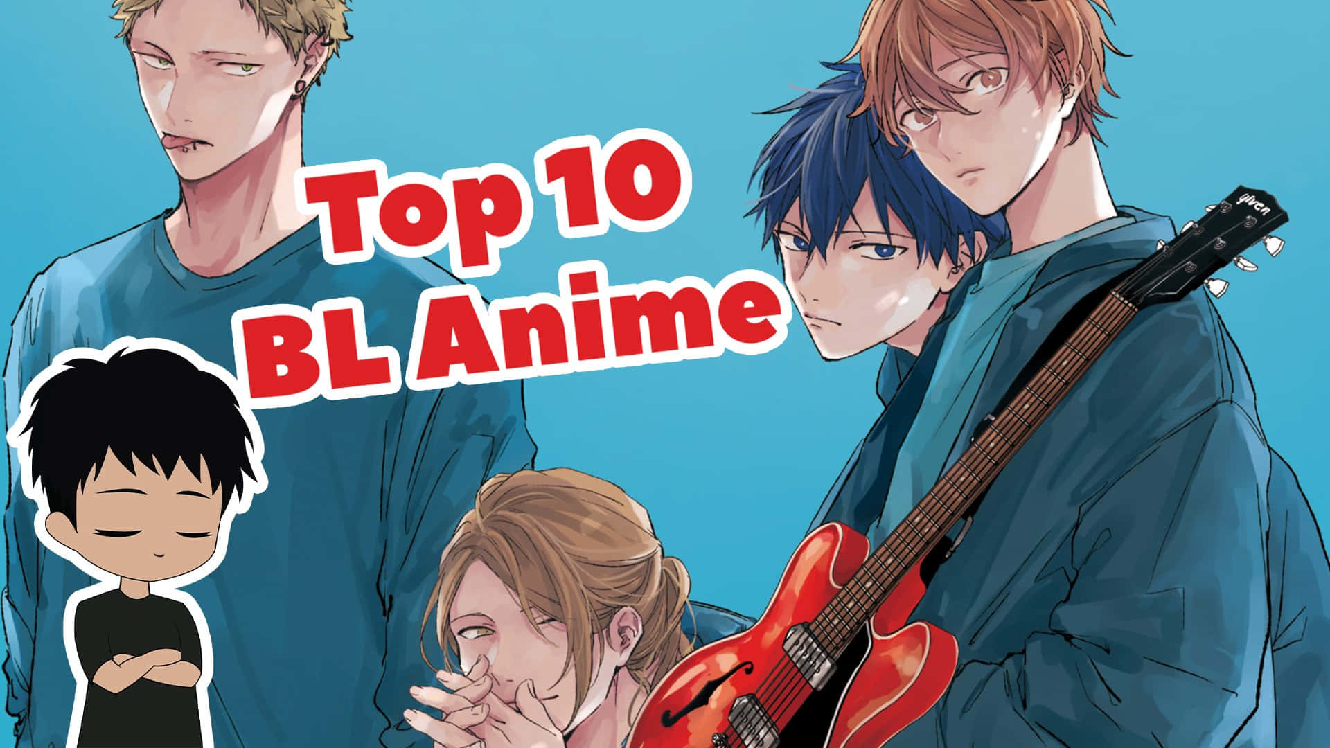 BL Anime, red guitar, bold text, Full HD Desktop Wallpaper