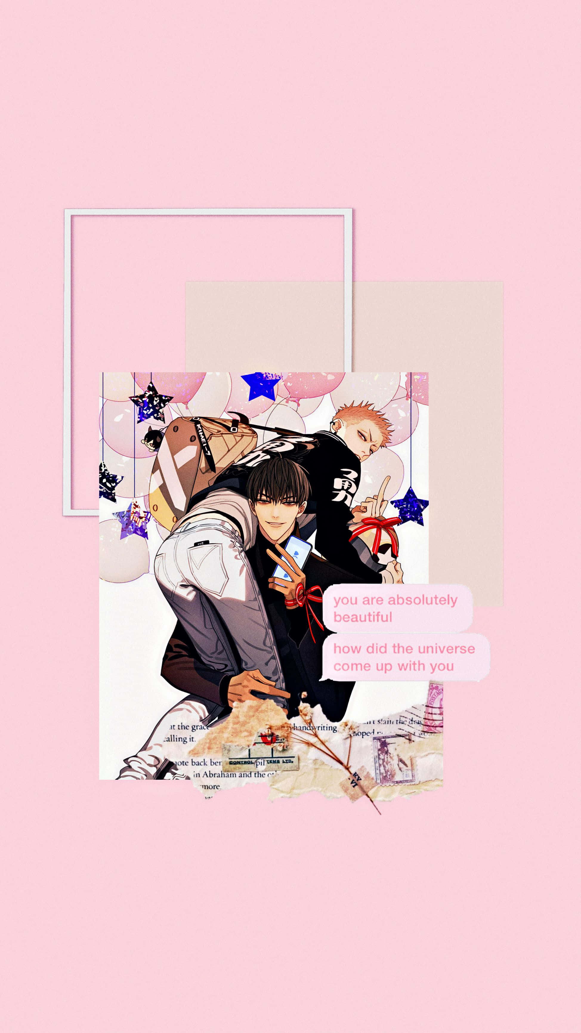 Bl Anime, soft pink background, balloons, 2K Phone Wallpaper