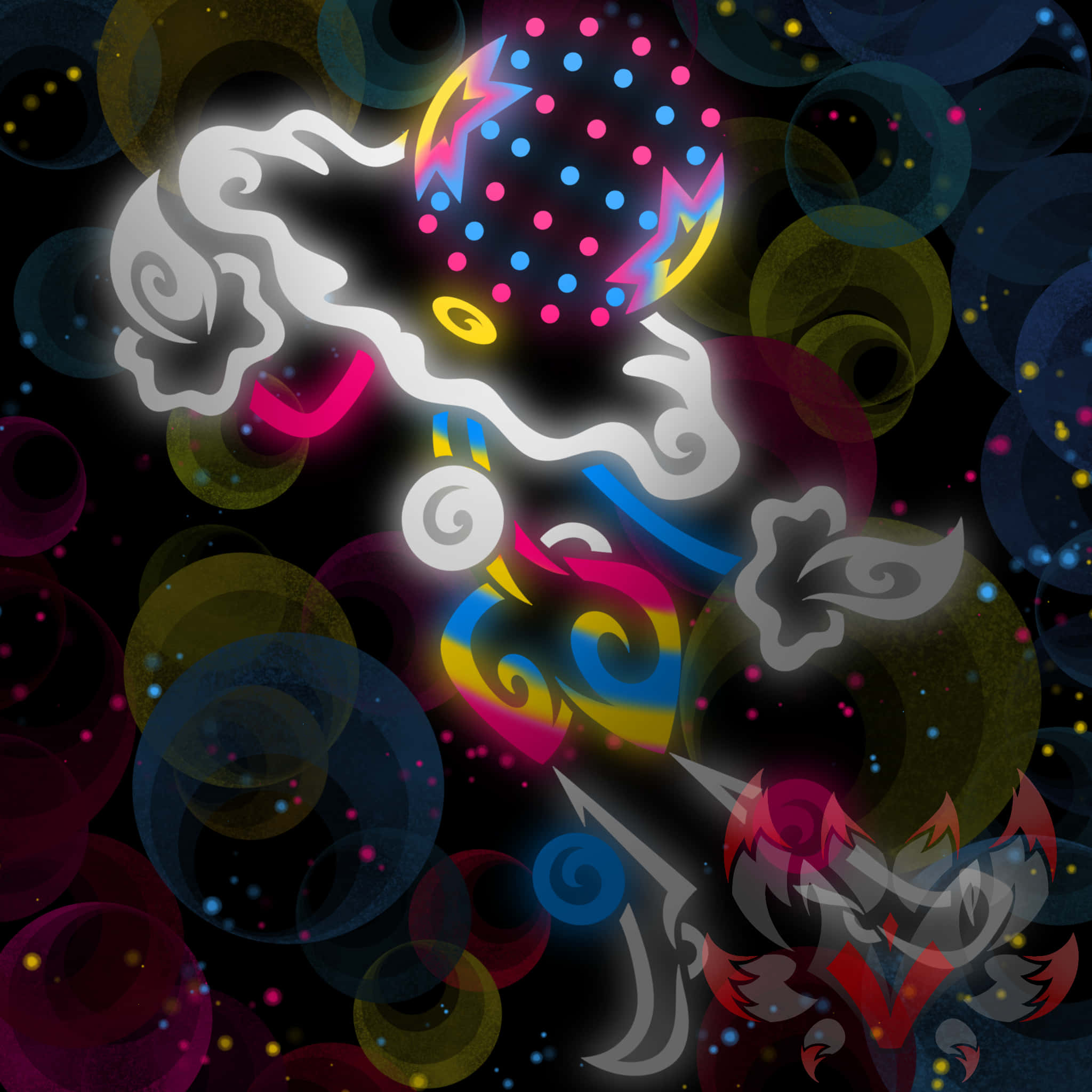Blacephalon, neon swirls, glowing dots, Full HD Desktop Wallpaper