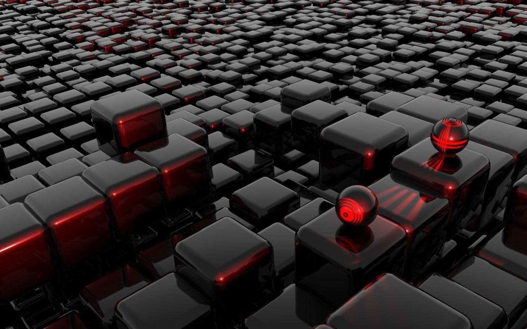 glossy black cubes, glowing red spheres, futuristic grid, HD Desktop Wallpaper