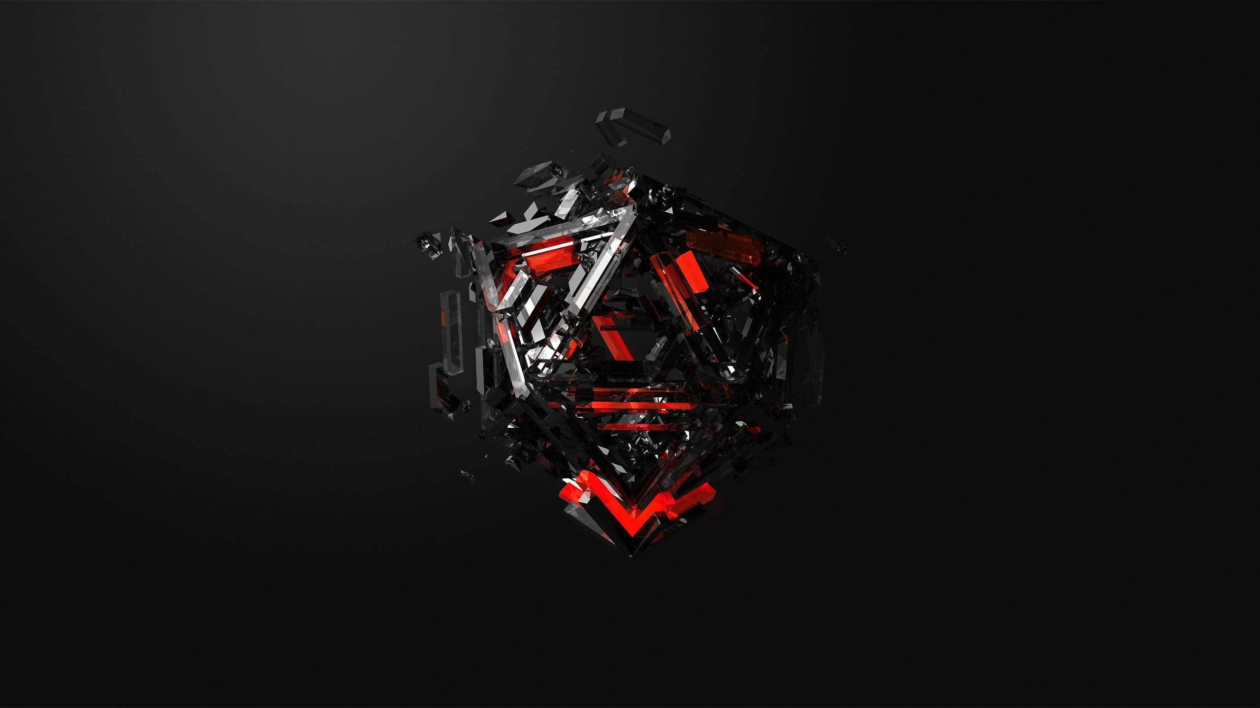 Fiery Ball Black 3D, shattered geometric cube, glowing red fragments, 2K Desktop Wallpaper