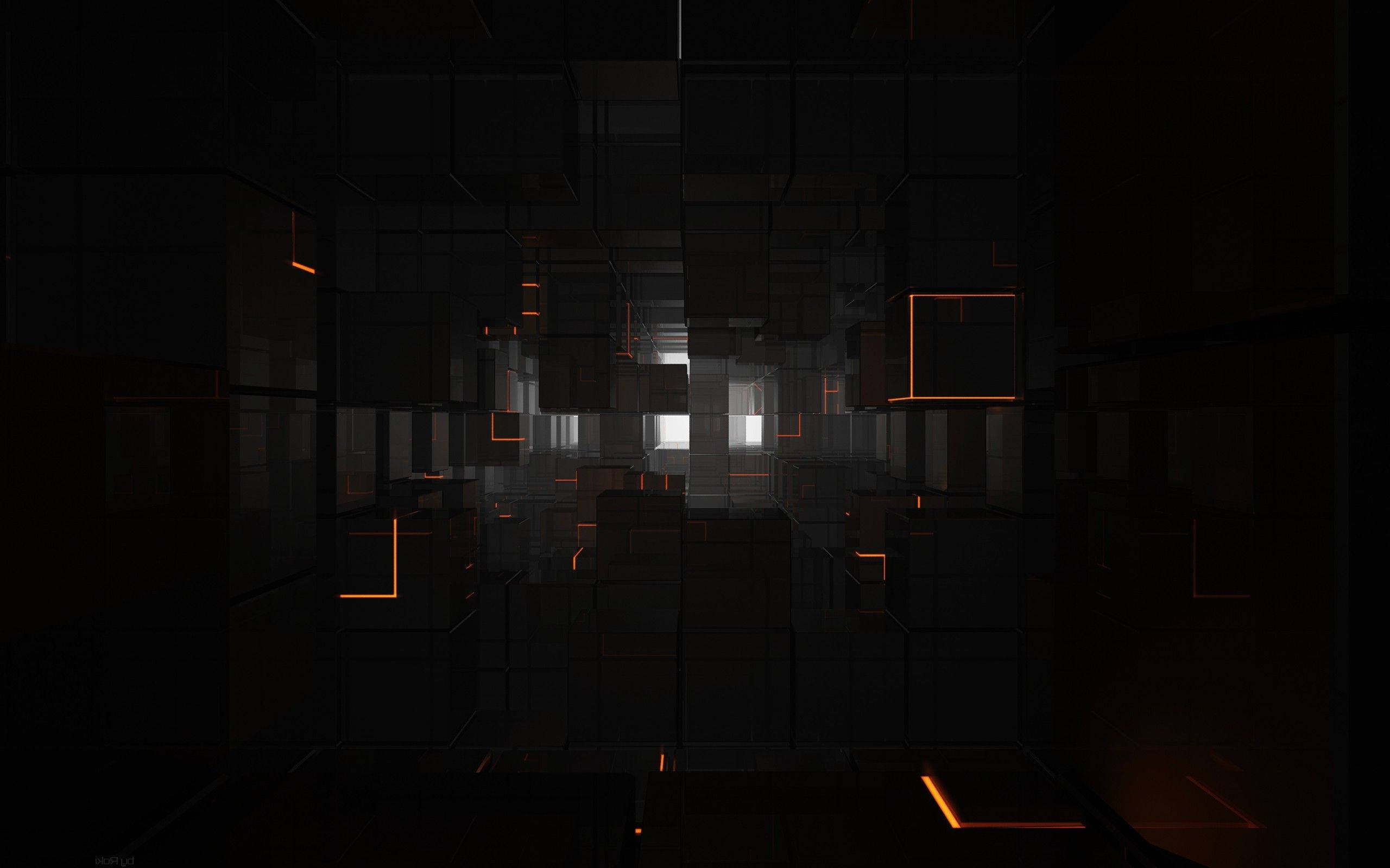 Black 3d, glowing orange cubes, futuristic corridor, 2K Desktop Wallpaper