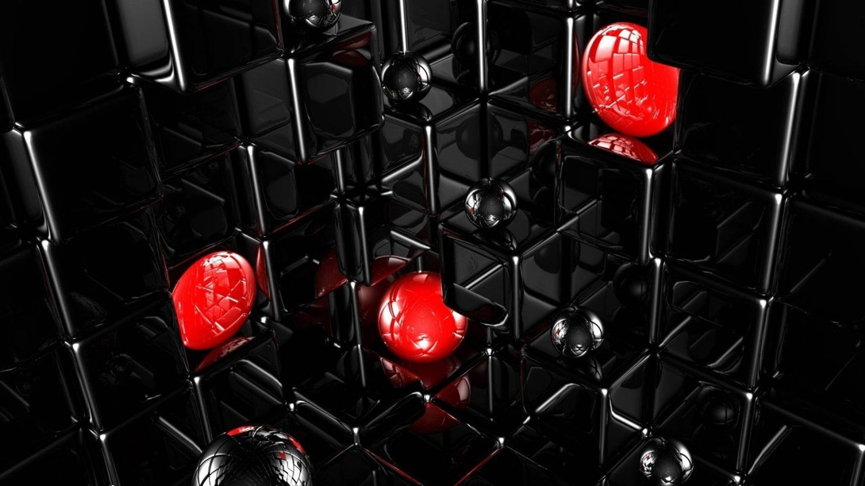 glossy black cubes, embedded red spheres, silver orbs, HD Desktop Wallpaper