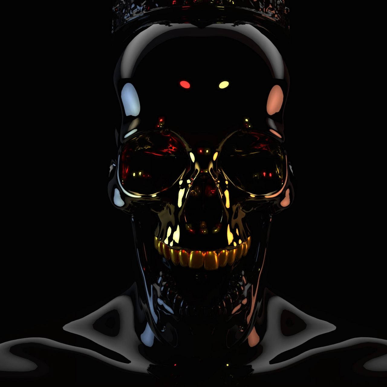 sleek robot, glossy black skull, glowing red and yellow eyes, HD Desktop Wallpaper
