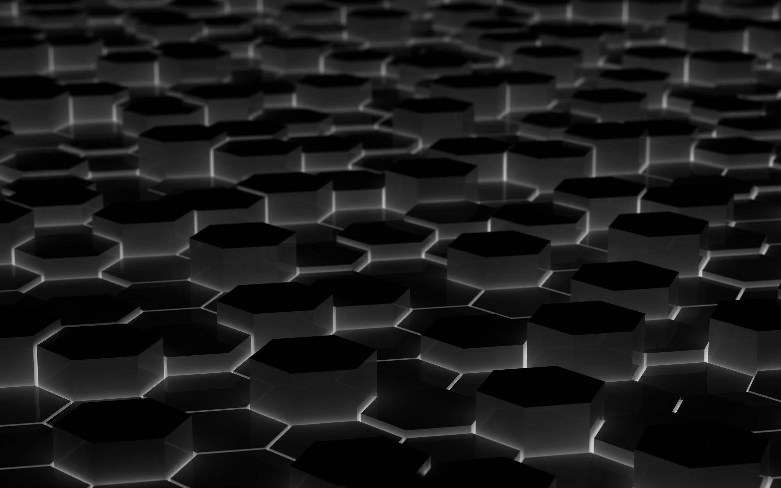glowing honeycomb black 3d, futuristic black hexagonal tile floor, glowing white edges, 2K Desktop Wallpaper