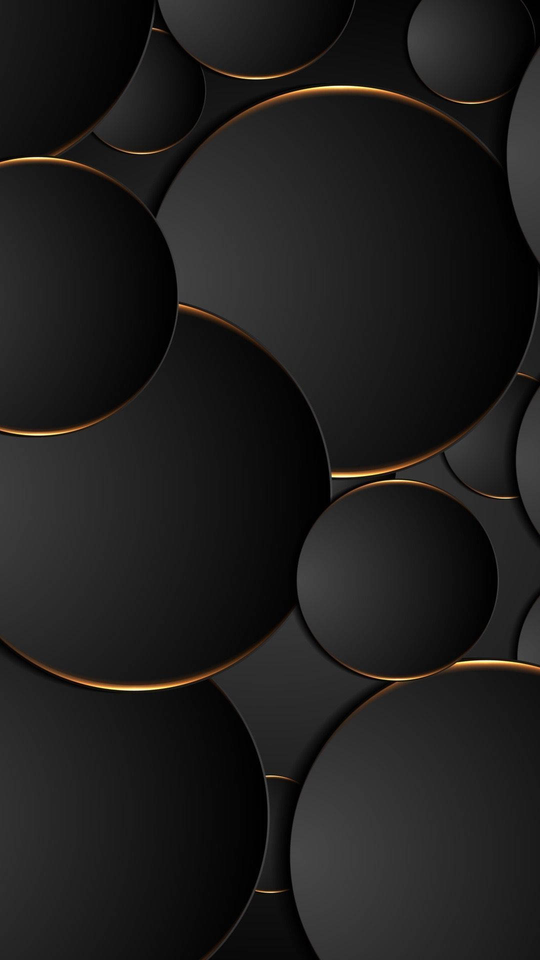 overlapping black 3d circles, matte black circles, glowing gold rims, Full HD Phone Wallpaper