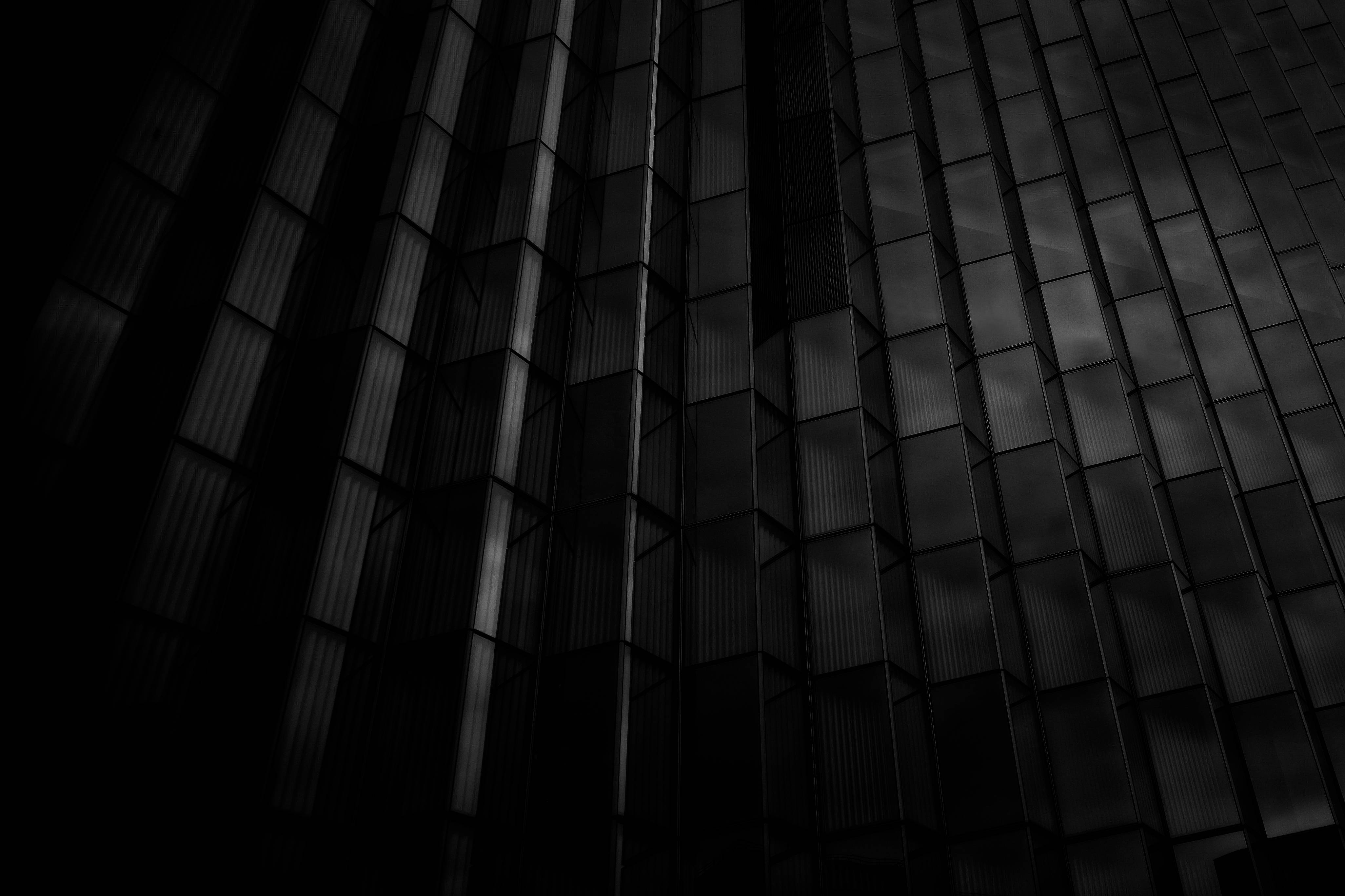 3d black rectangles, low-angle shot, modern building, 4K Desktop Wallpaper