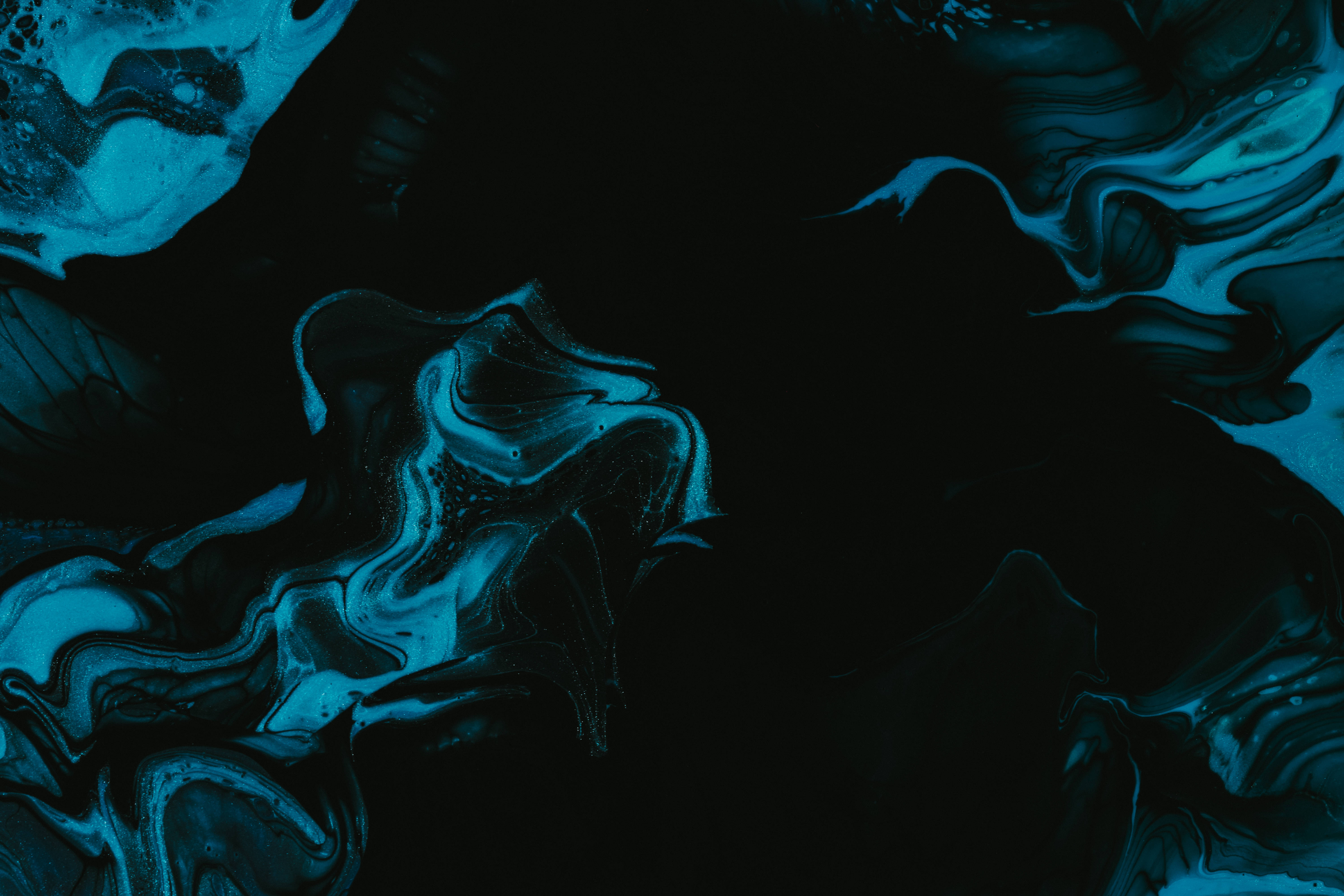 black abstract, teal, fluid swirls, 5K Desktop Wallpaper