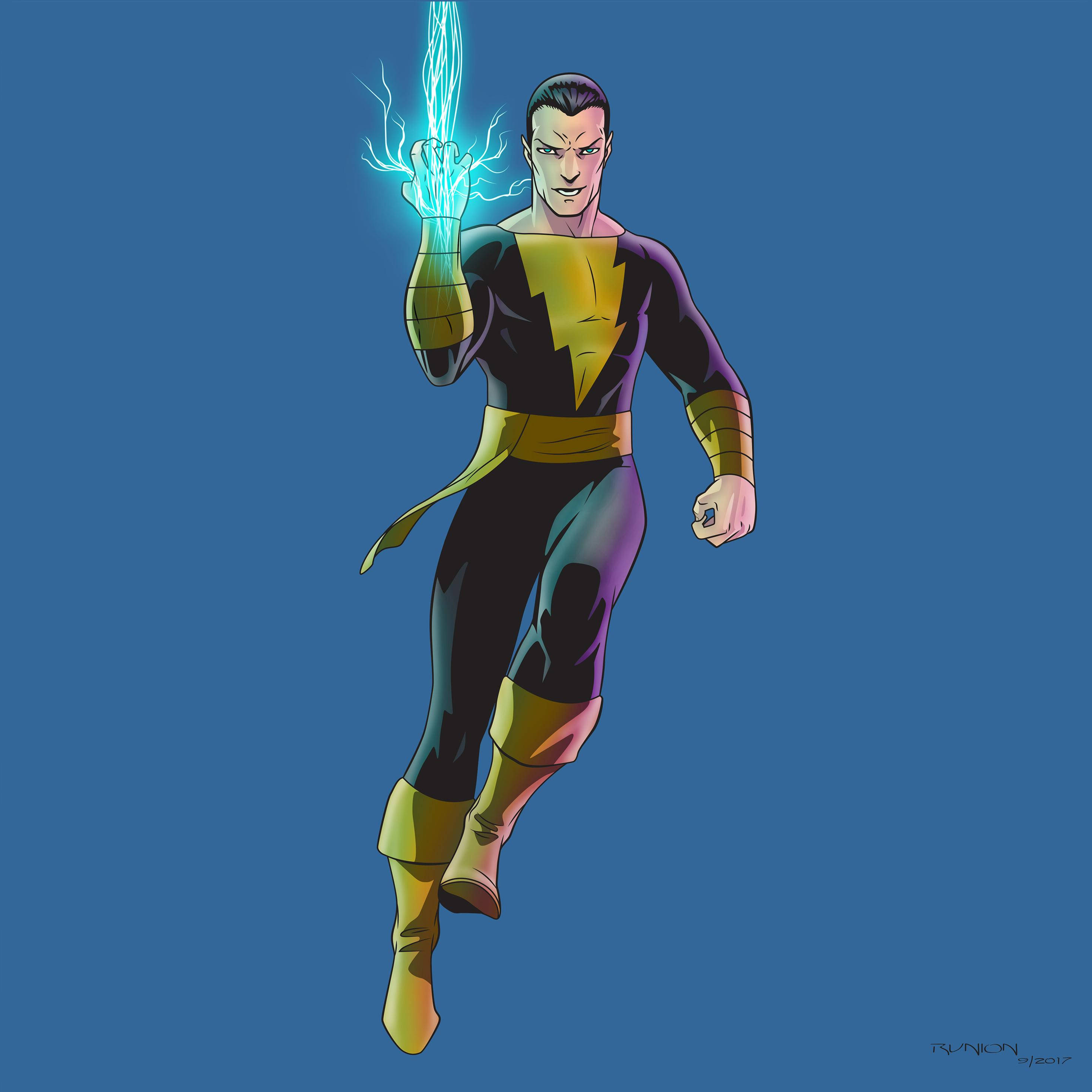 Black Adam, black and gold suit, crackling blue lightning, 2K Desktop Wallpaper