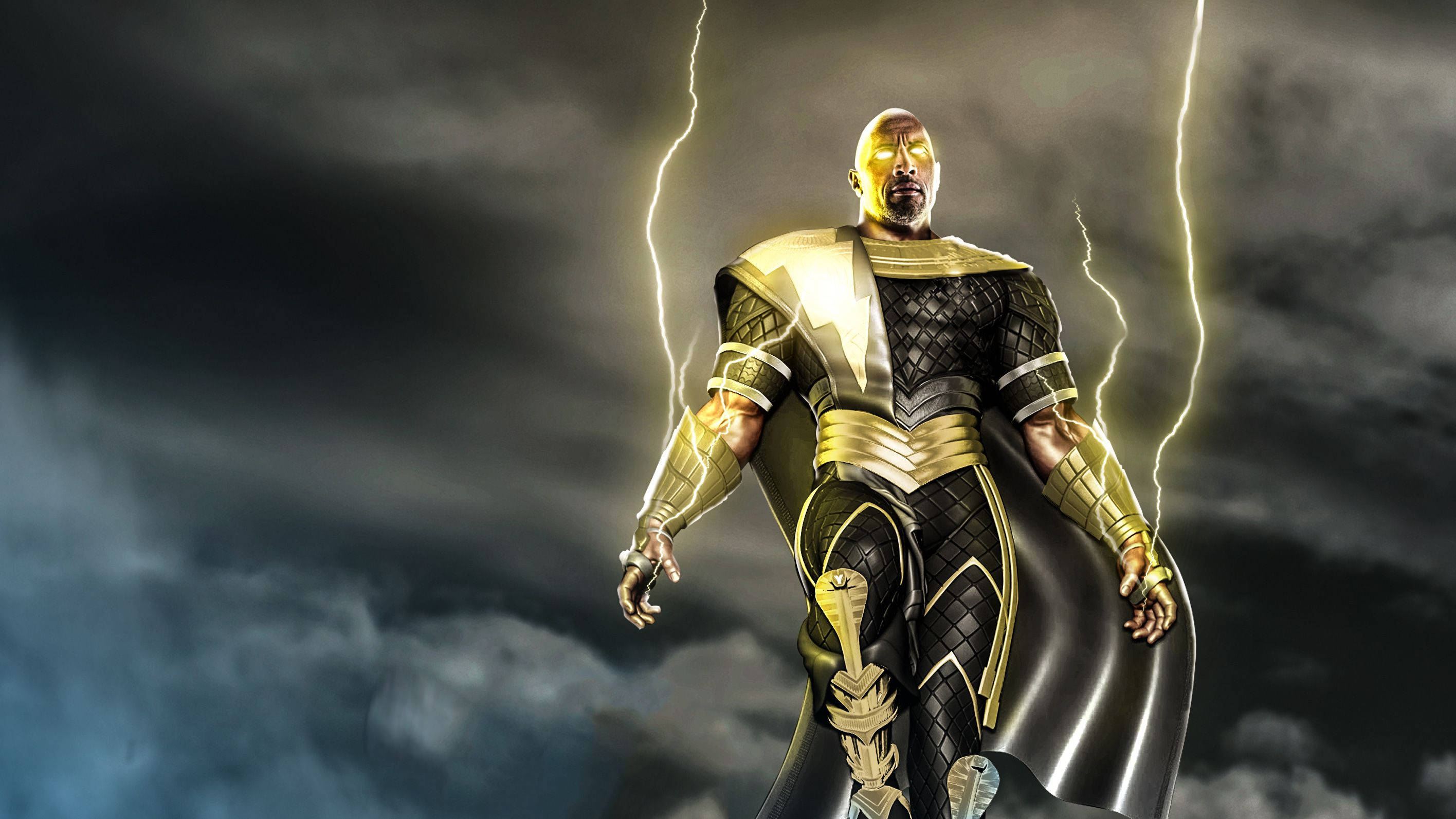 Black Adam, gold and black armor, stormy skies, 2K Desktop Wallpaper