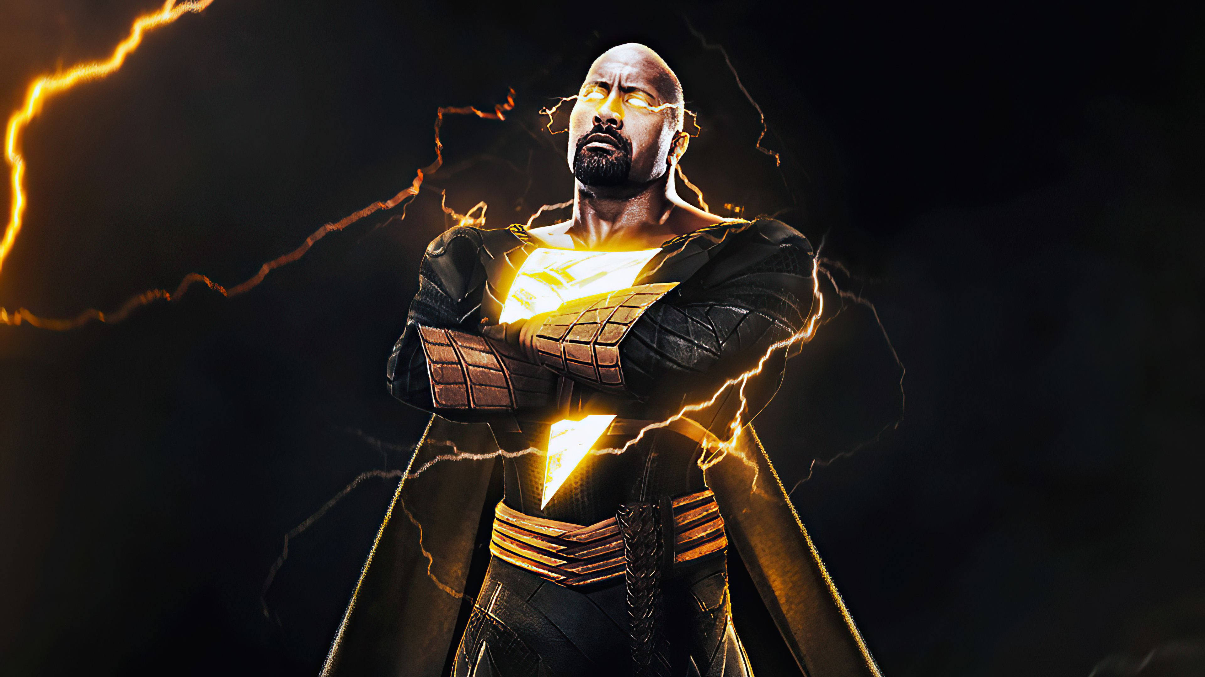 Black Adam, glowing golden lightning, armored body, 4K Desktop Wallpaper