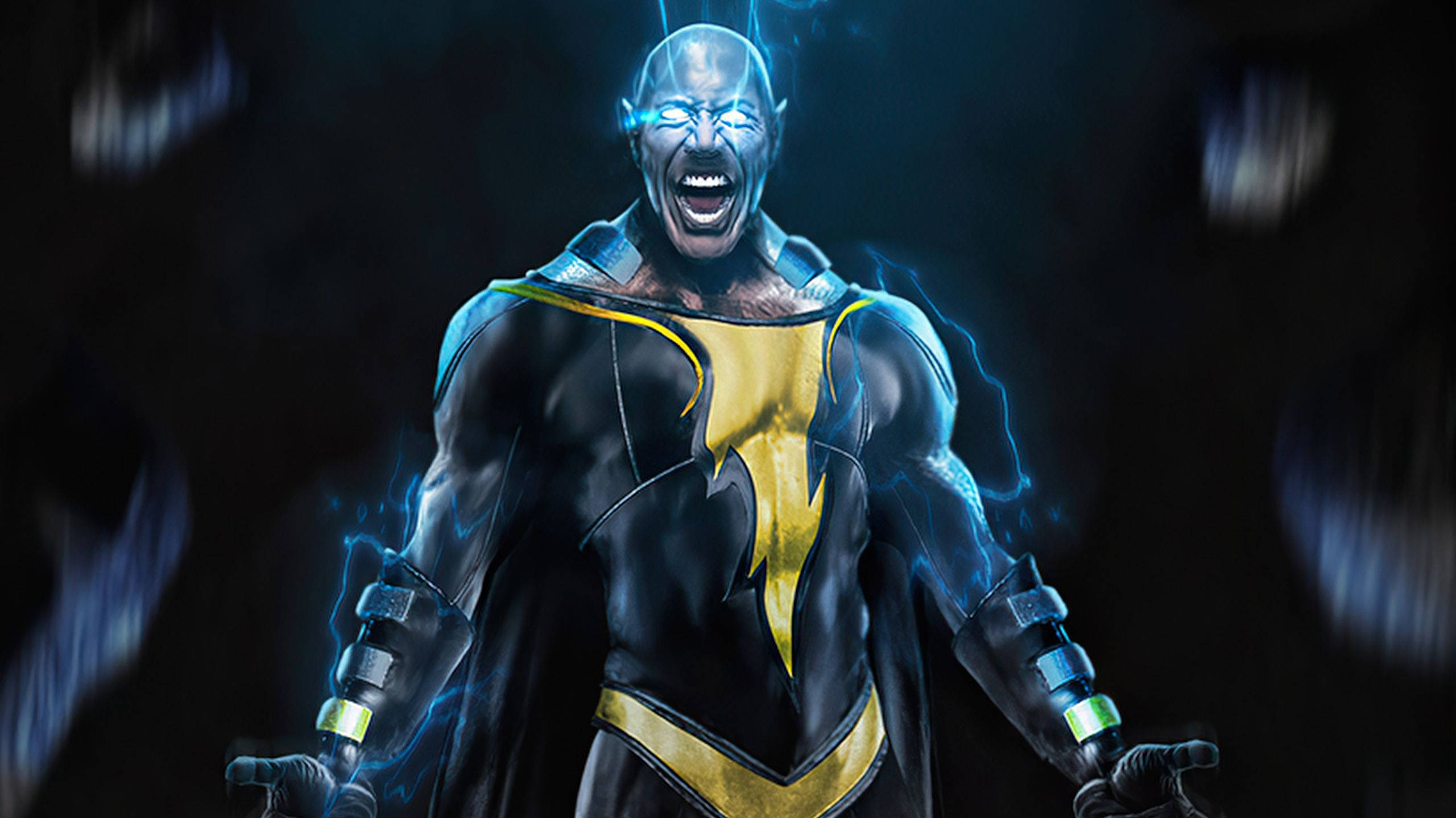 Black Adam, blue lightning, glowing blue eyes, 2K Desktop Wallpaper