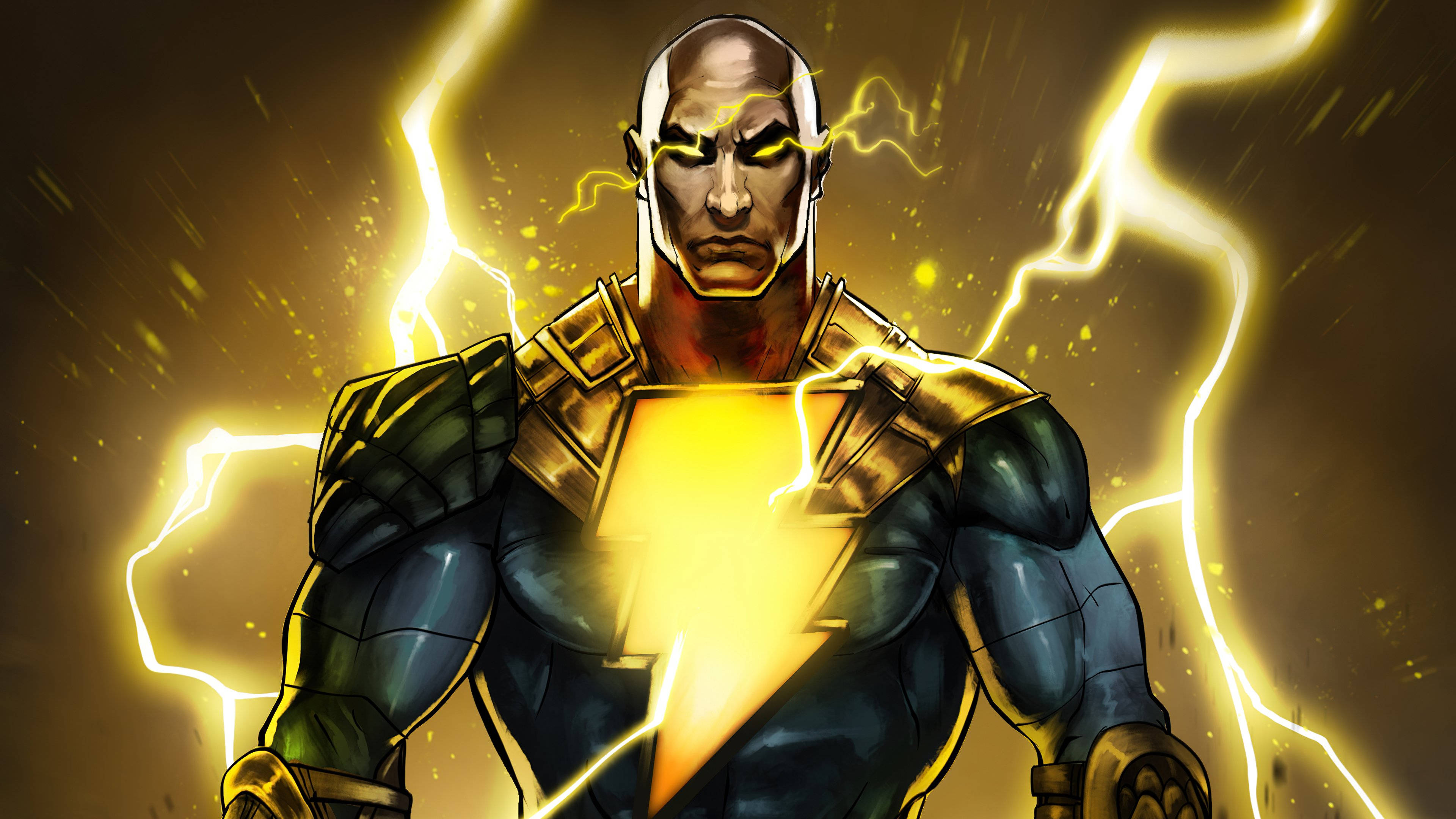 Black Adam, comic book illustration, glowing yellow eyes, 4K Desktop Wallpaper