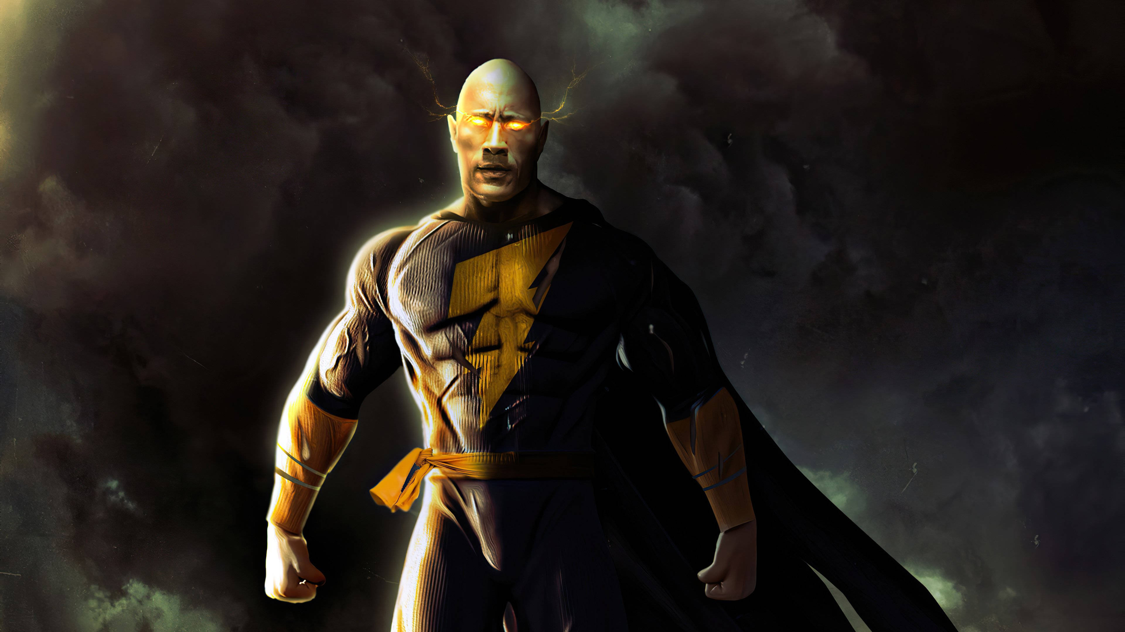 Black Adam, glowing orange eyes, yellow lightning bolt suit, 4K Desktop Wallpaper