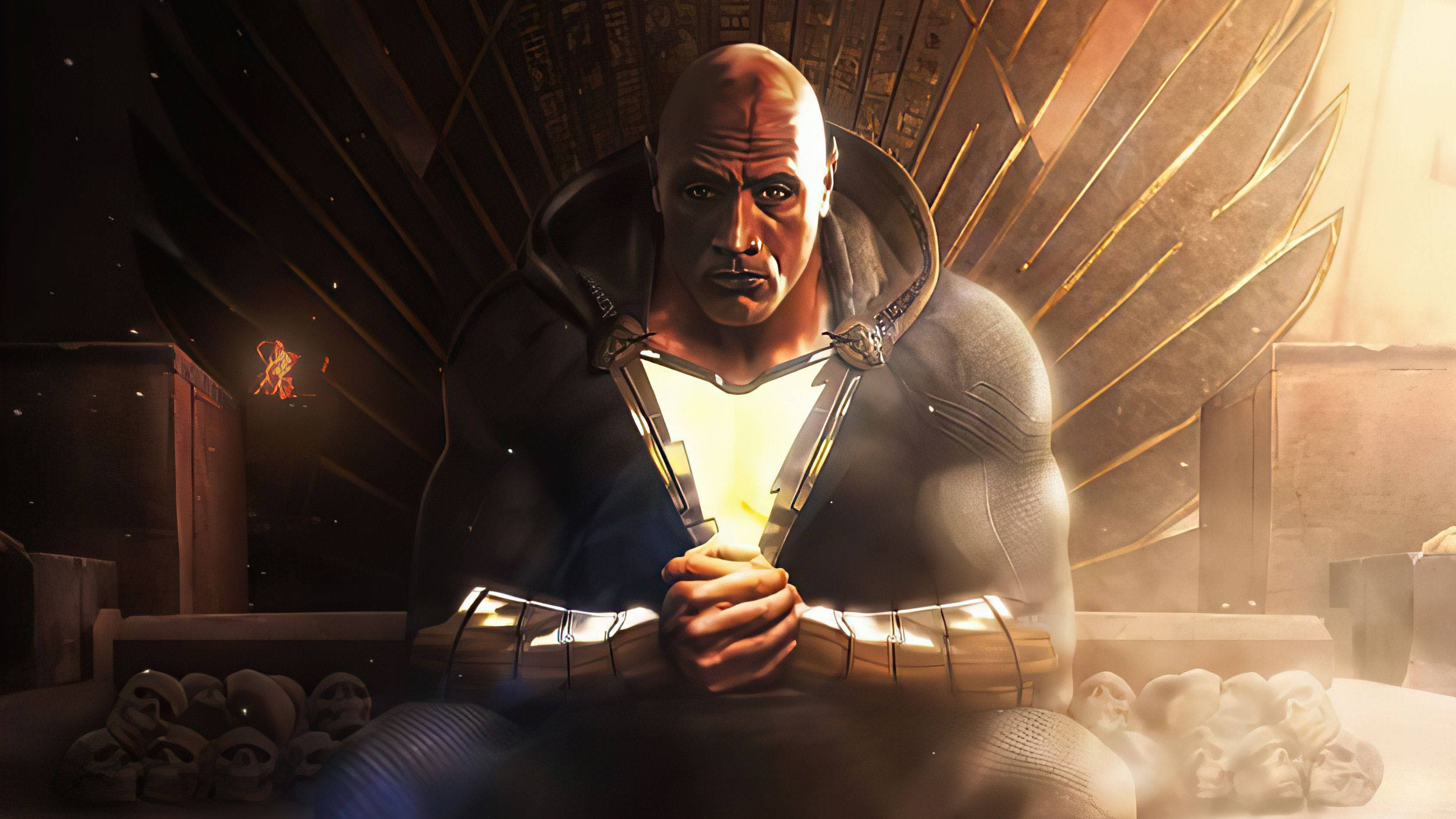 Black Adam, glowing white and black suit, golden wings, 2K Desktop Wallpaper