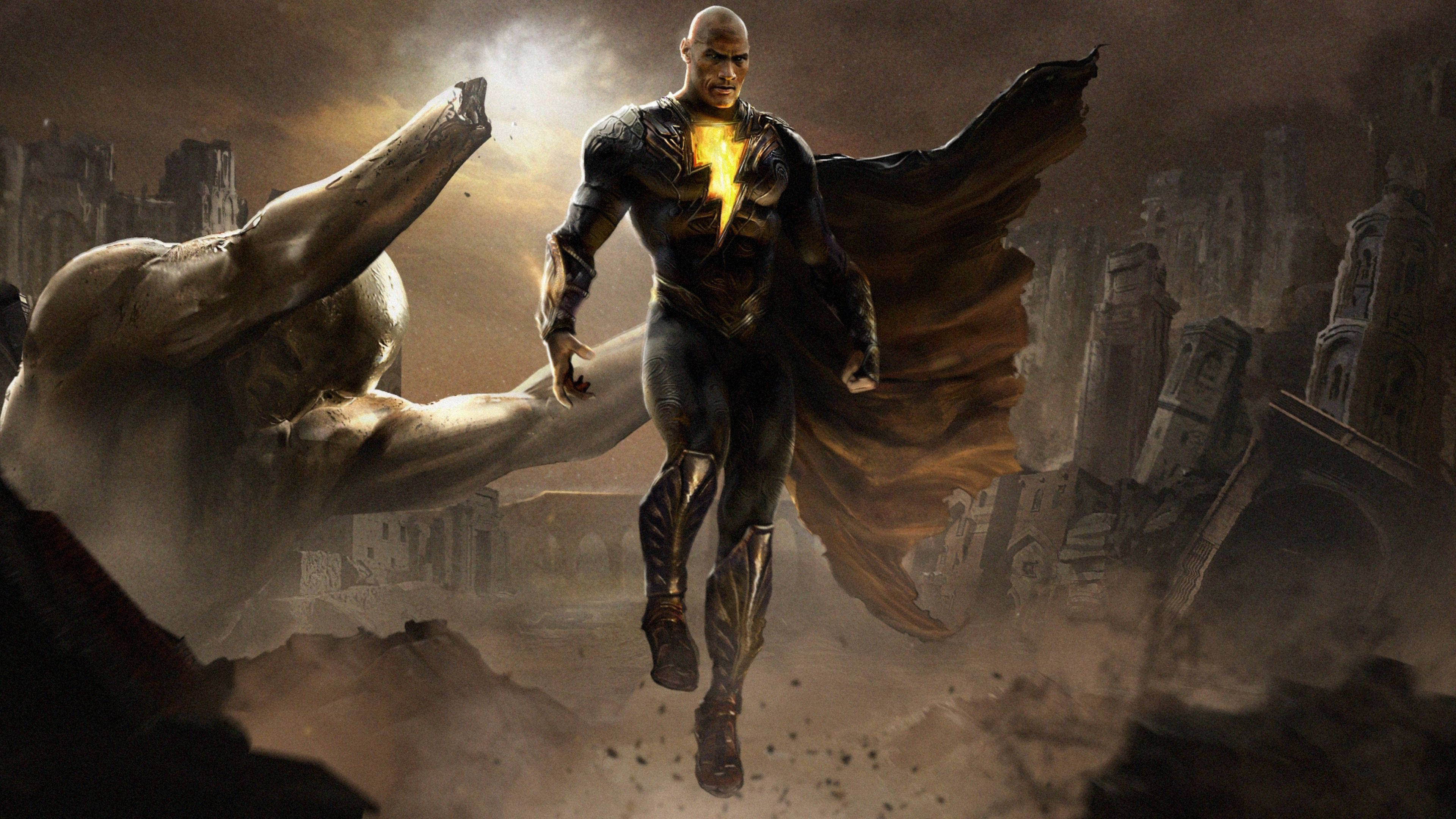 Black Adam, black suit, glowing yellow lightning bolt, 4K Desktop Wallpaper