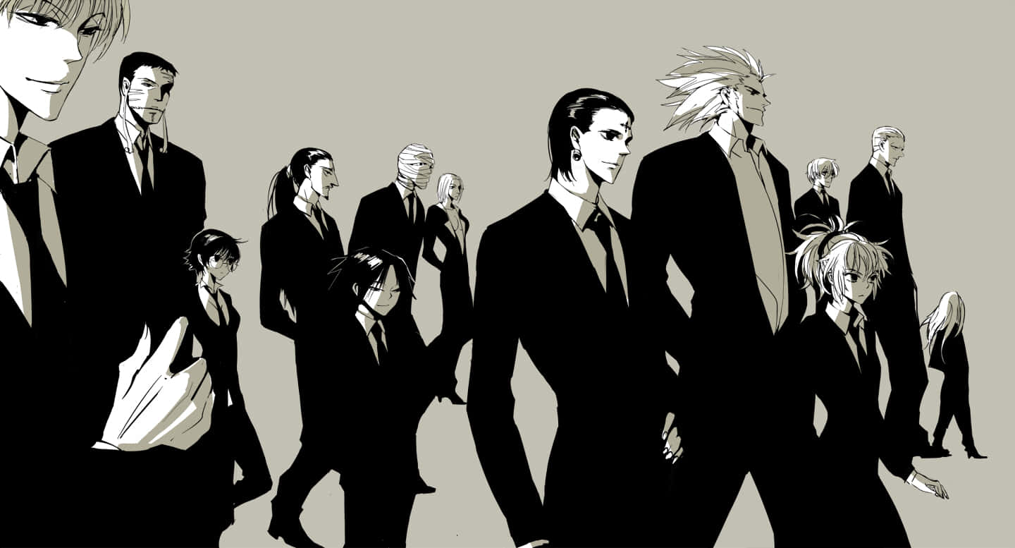 anime groupin black suits, black suits, muted beige background, HD Desktop Wallpaper