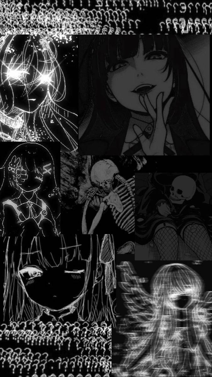 black aesthetic anime, scary creepy girls, glowing outlines, SD Phone Wallpaper