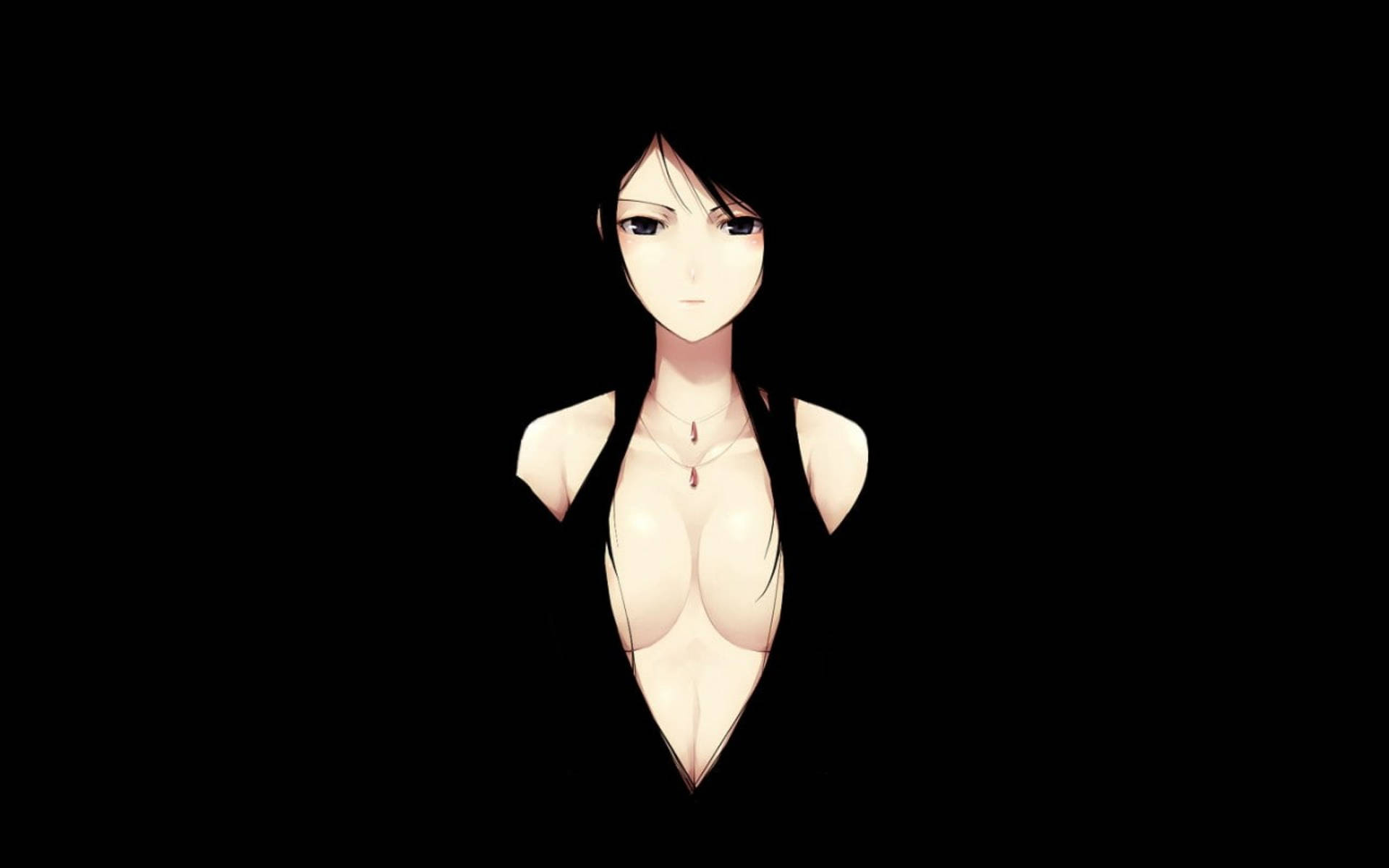 anime woman, black hair, red pendant, Full HD Desktop Wallpaper