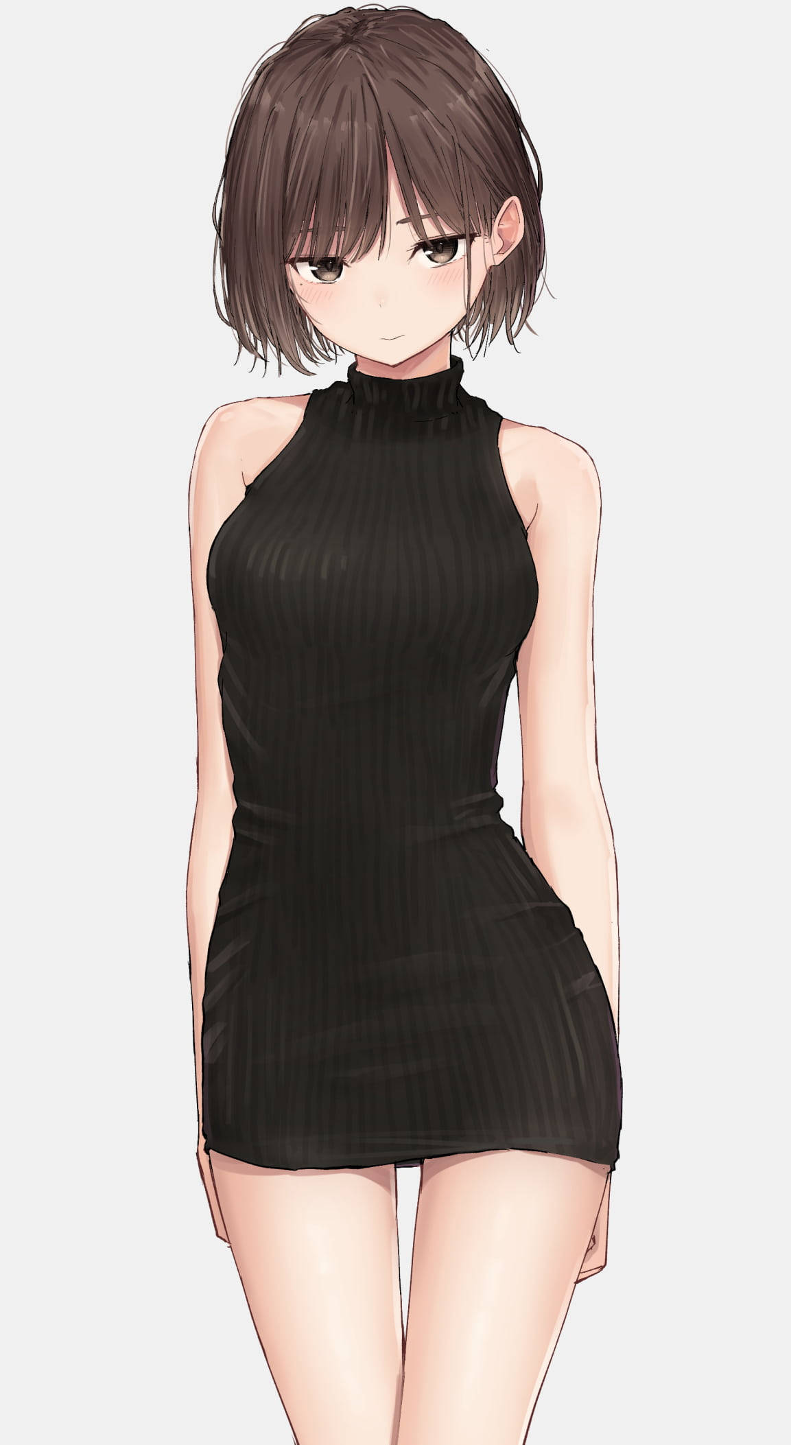 anime girl, short brown hair, black ribbed halter dress, Full HD Phone Wallpaper