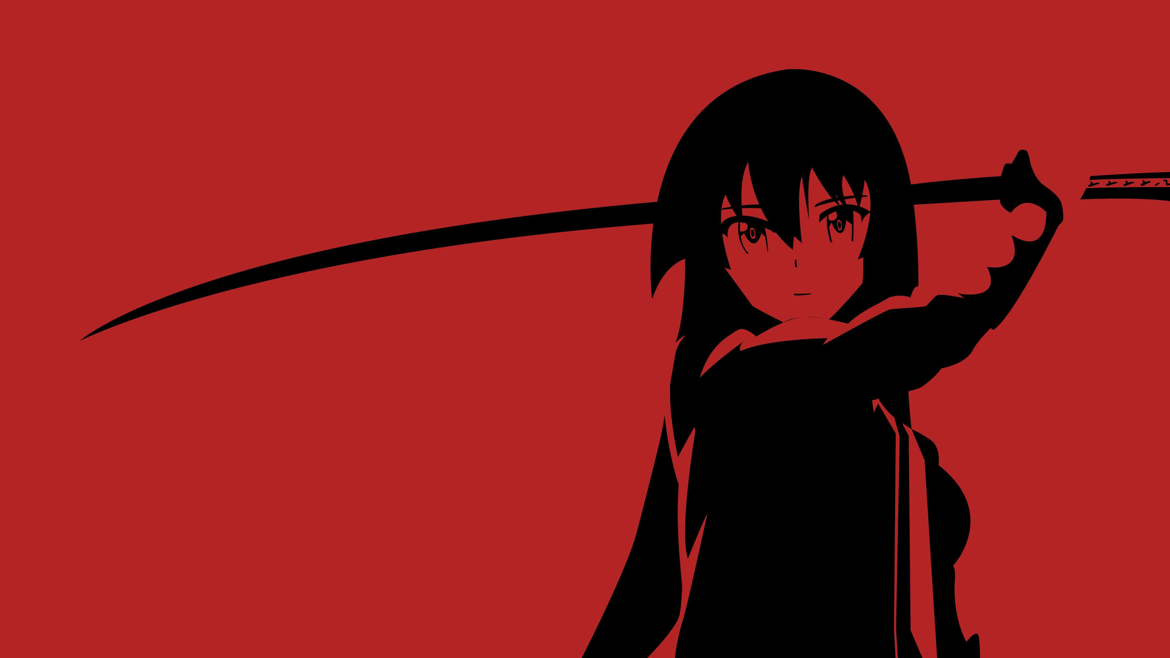 anime girl, katana, solid red background, 4K Desktop Wallpaper