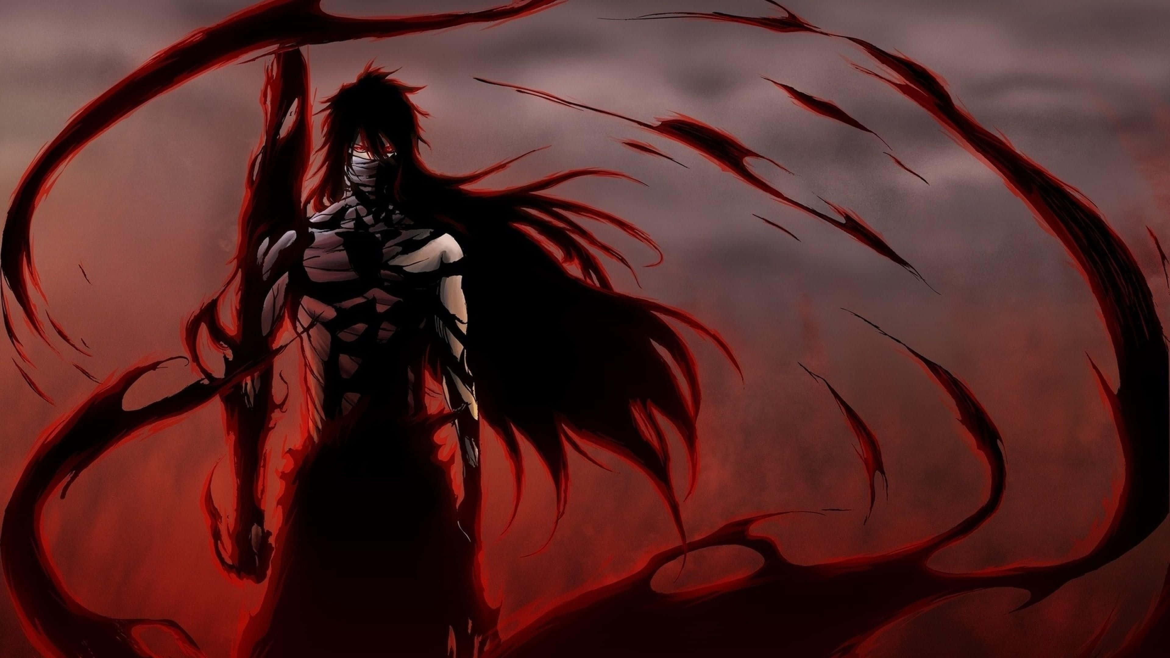 black and red anime, dark-haired anime warrior, mask, 4K Desktop Wallpaper