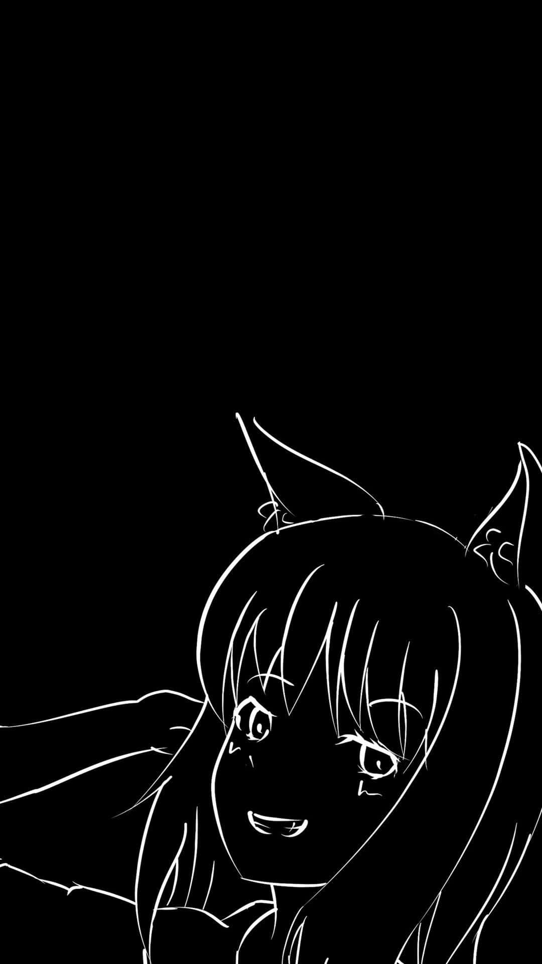 anime girl, cat ears, white line art, Full HD Phone Wallpaper